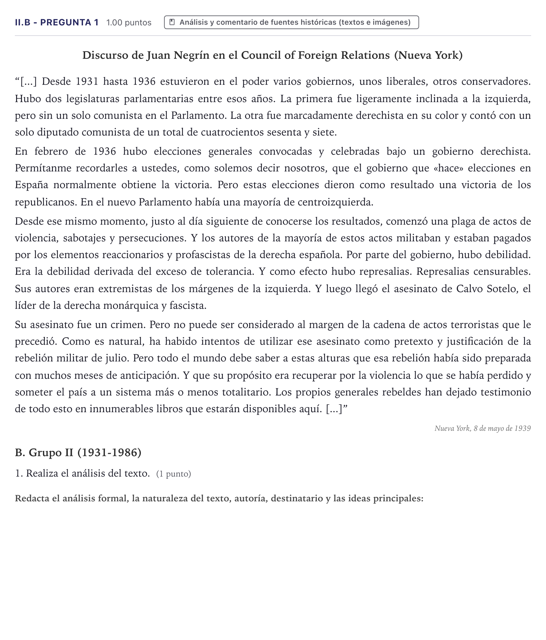 Enunciado: Ejercicio II.B - Pregunta 1 · Historia de España PAU Canarias Junio (Humanidades) 2025