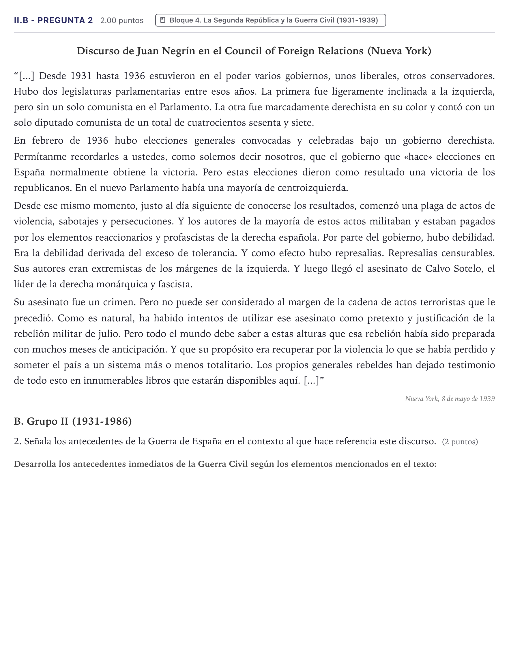 Enunciado: Ejercicio II.B - Pregunta 2 · Historia de España PAU Canarias Junio (Humanidades) 2025