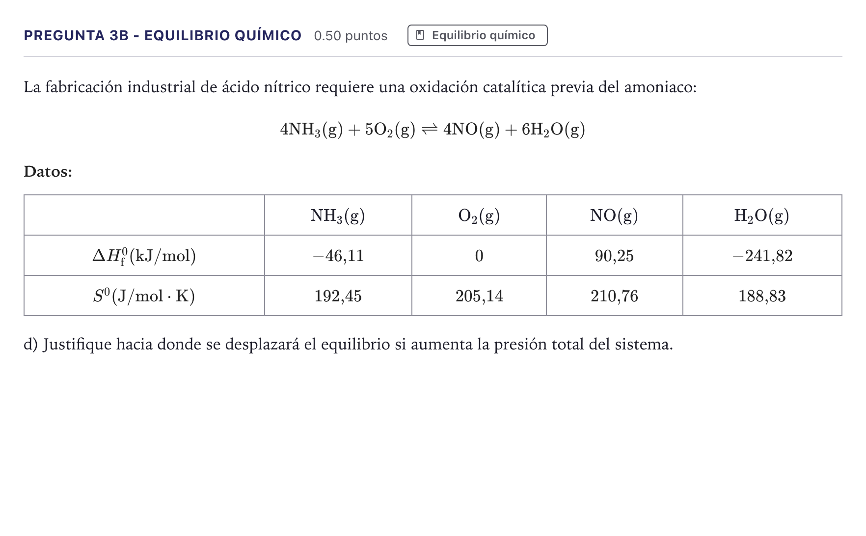 Enunciado: Pregunta 3B - Equilibrio químico · Química PAU Canarias Junio 2025
