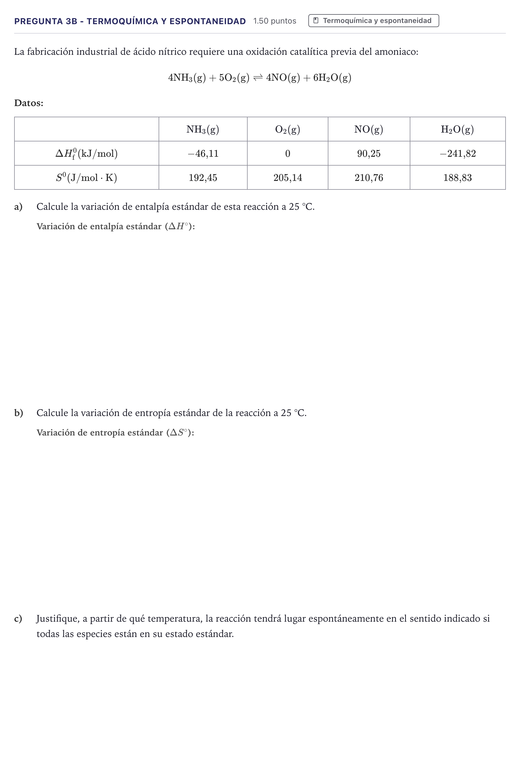 Enunciado: Pregunta 3B - Termoquímica y espontaneidad · Química PAU Canarias Junio 2025