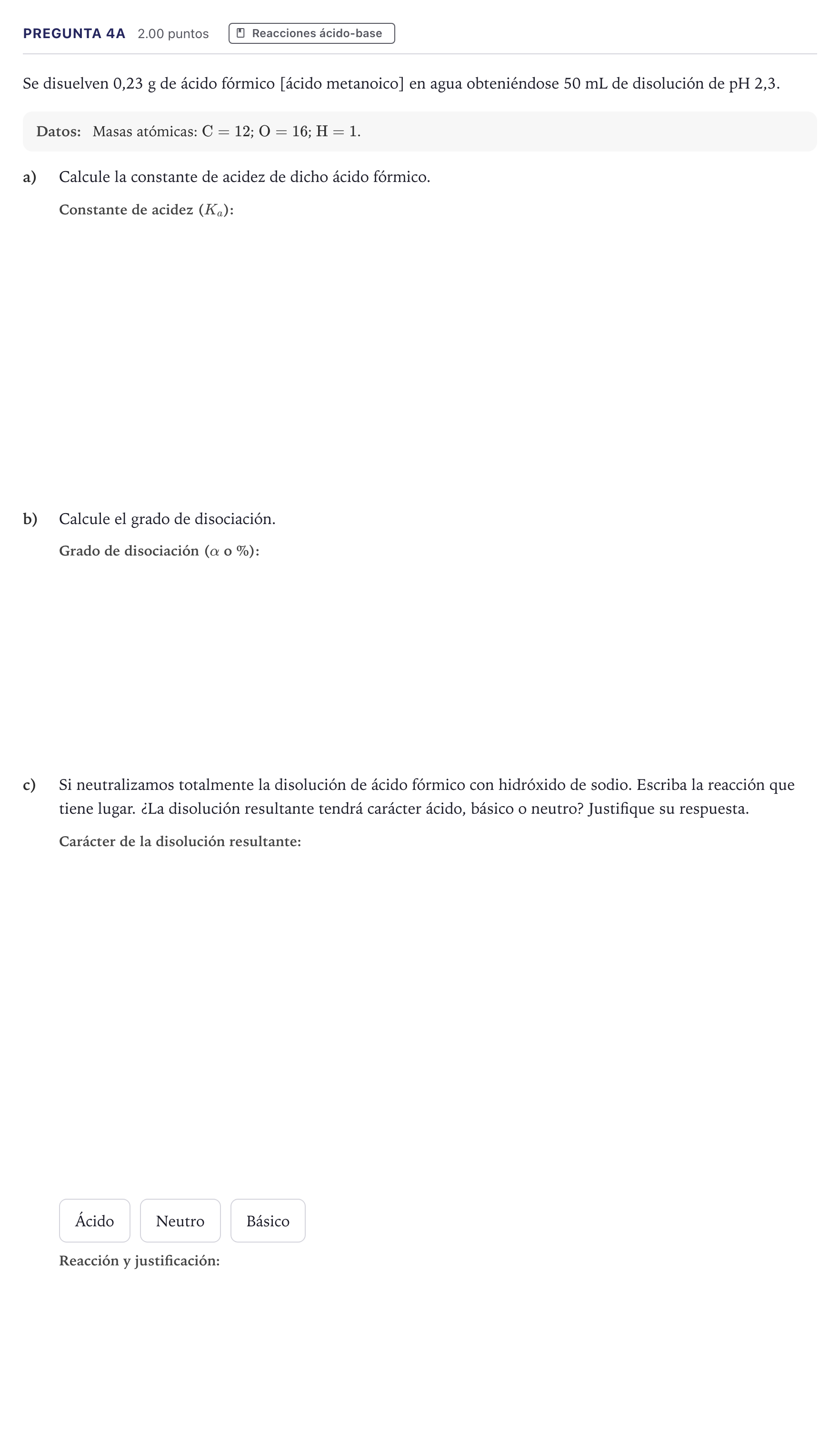 Enunciado: Pregunta 4A · Química PAU Canarias Junio 2025