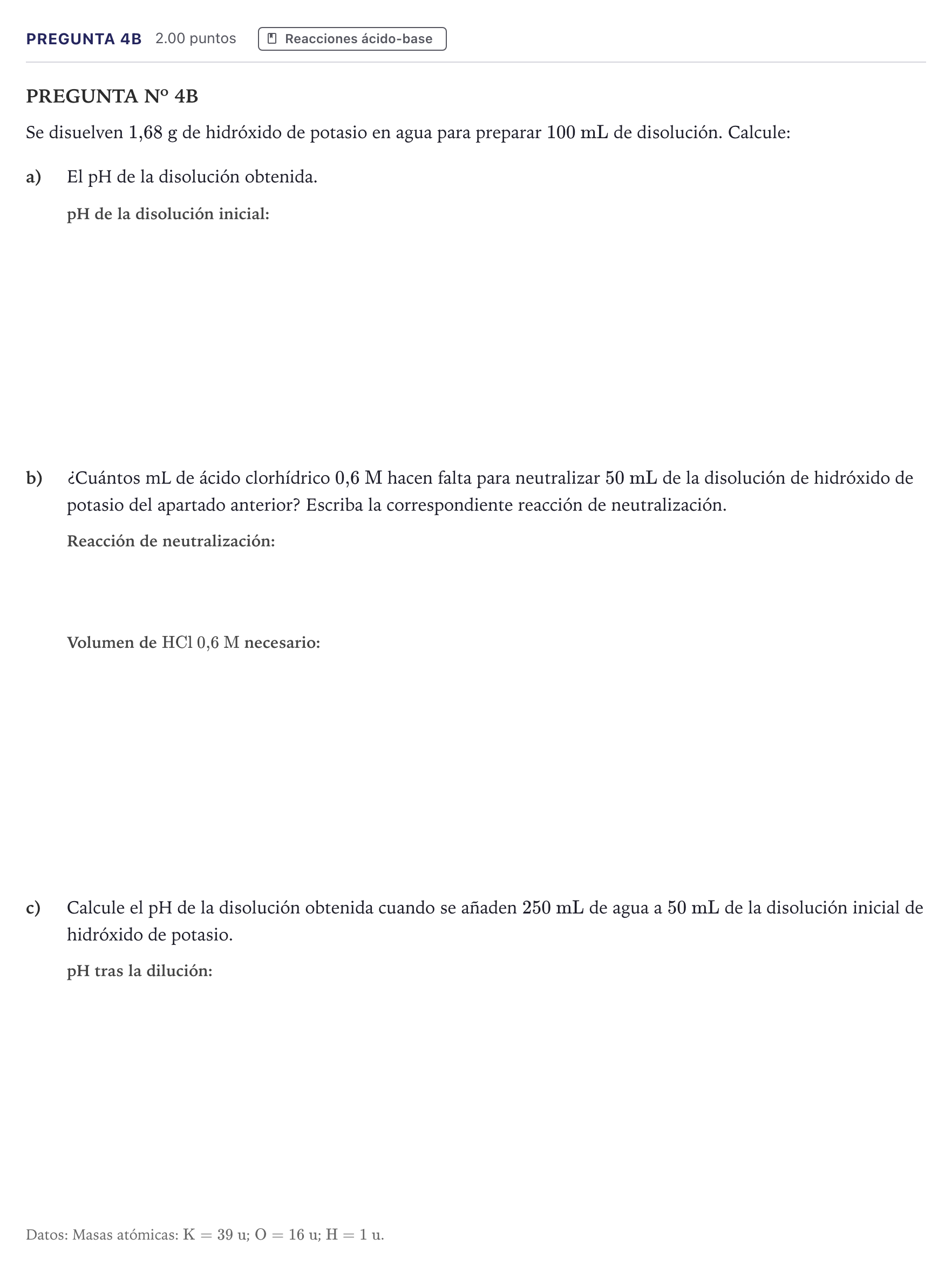 Enunciado: Pregunta 4B · Química PAU Canarias Junio 2025