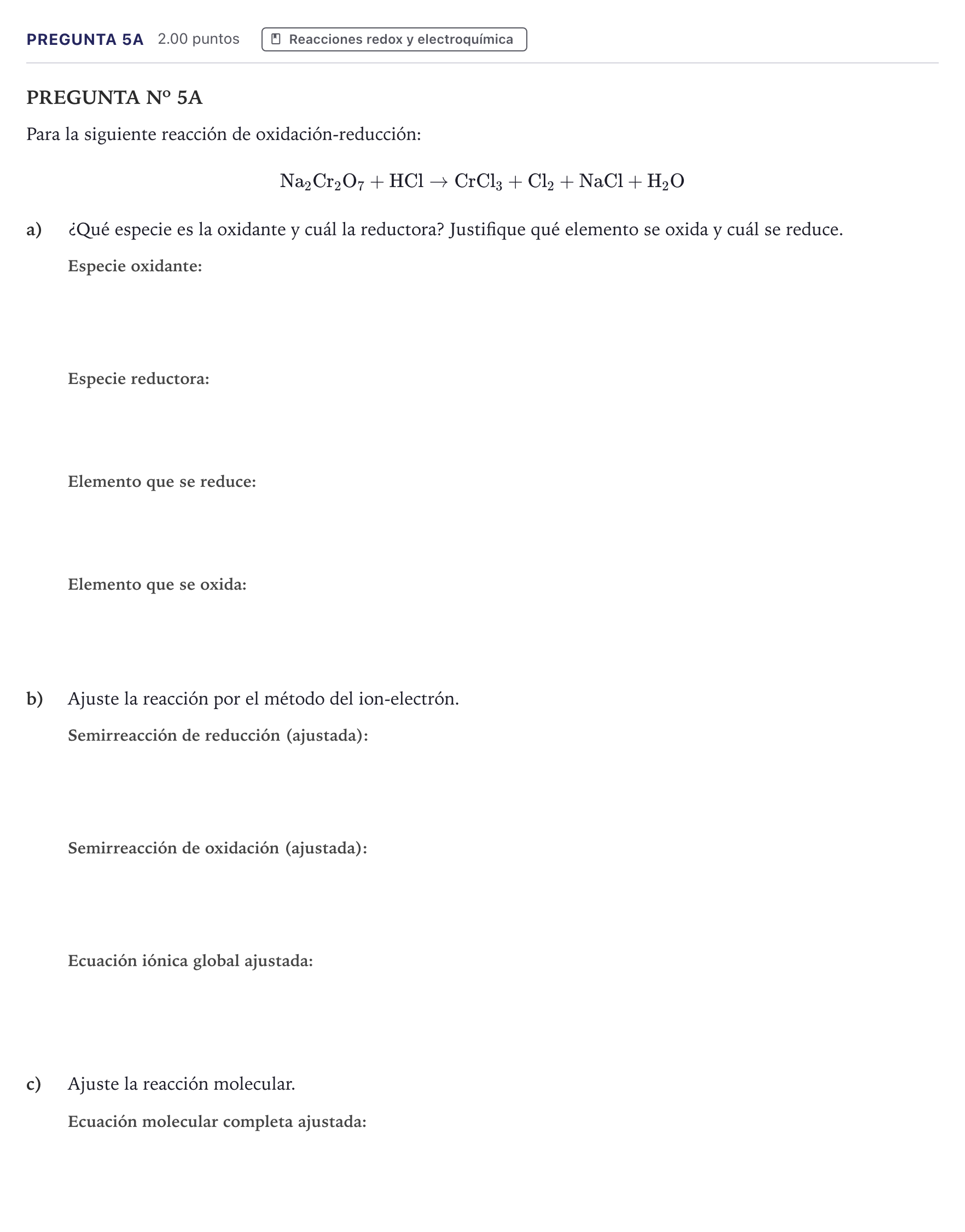 Enunciado: Pregunta 5A · Química PAU Canarias Junio 2025