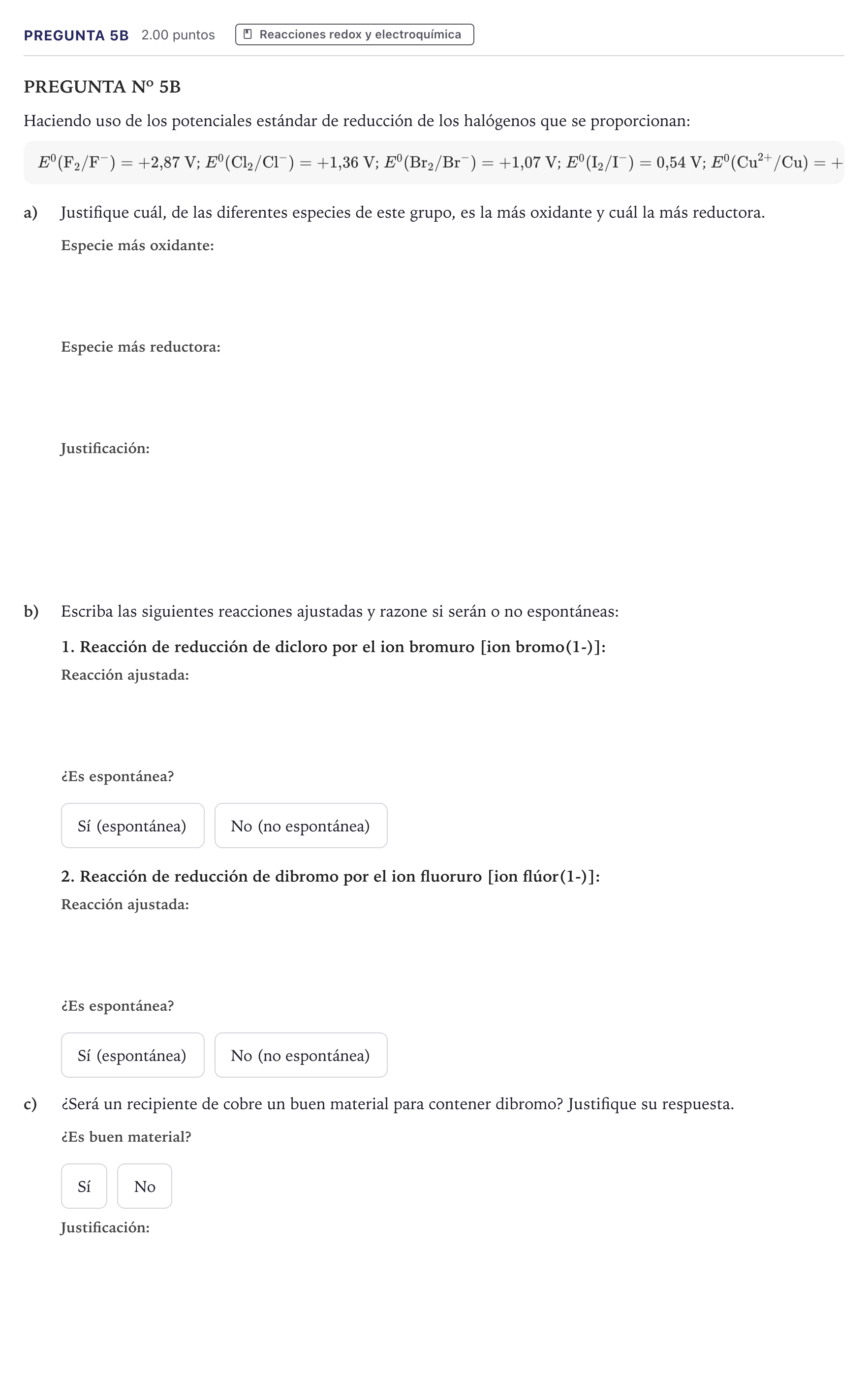 Enunciado: Pregunta 5B · Química PAU Canarias Junio 2025