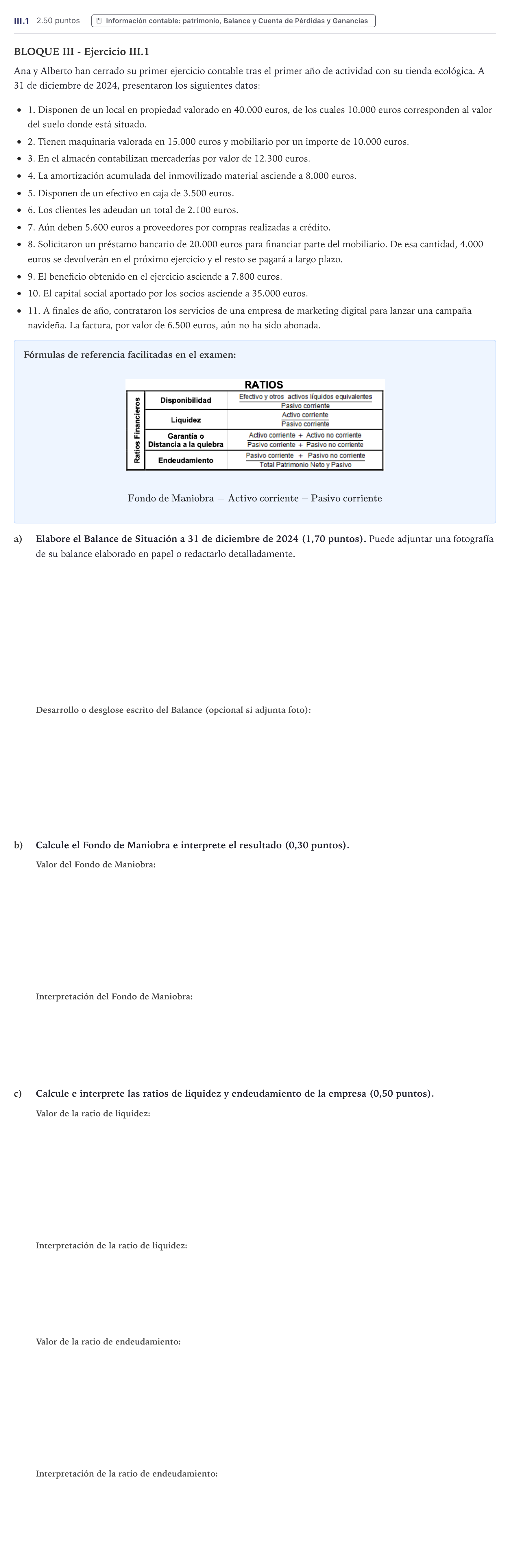Enunciado: Ejercicio III.1 · Economía de la Empresa PAU Canarias Junio 2025