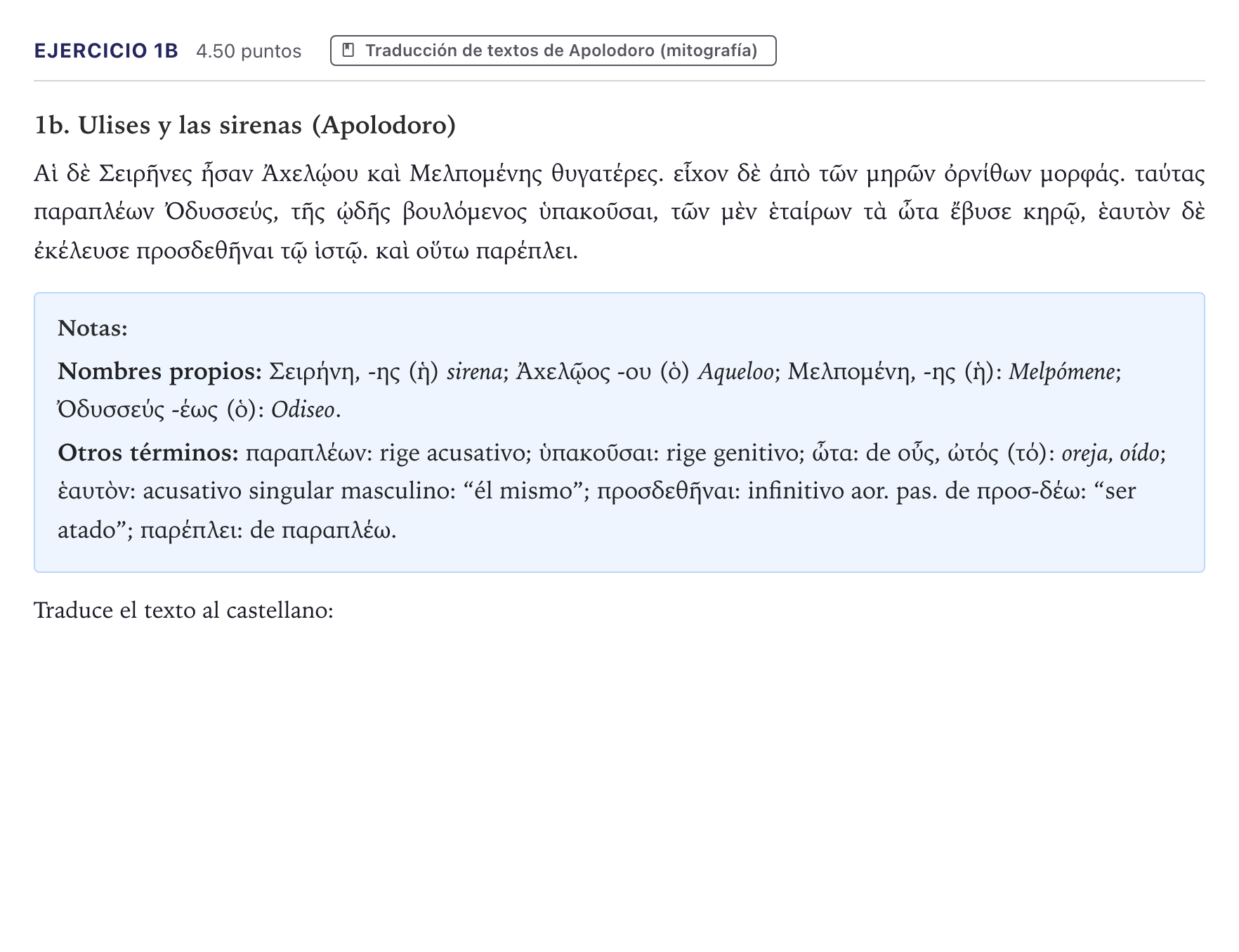 Enunciado: Ejercicio 1b · Griego II PAU Canarias Junio 2025
