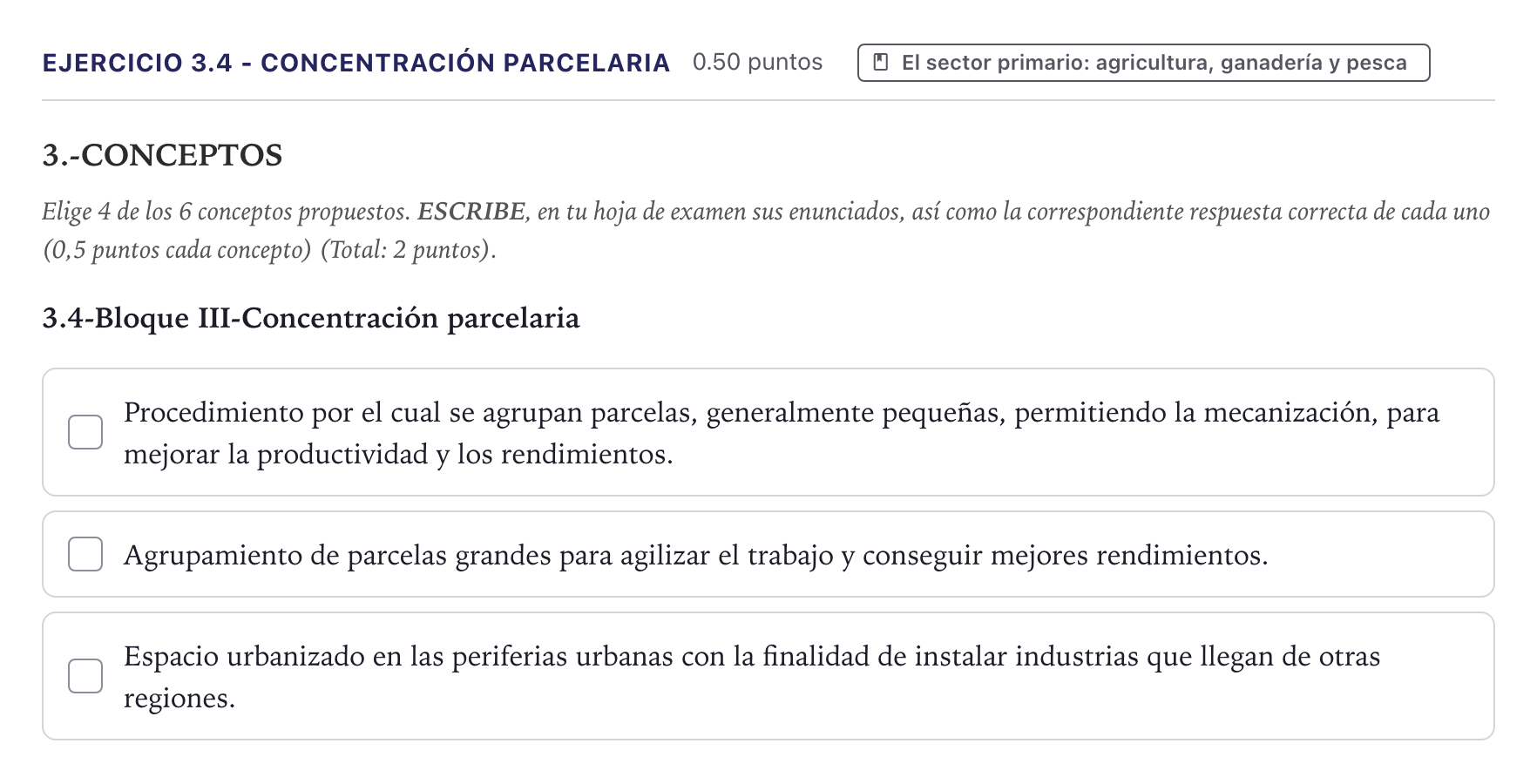 Enunciado: Ejercicio 3.4 - Concentración parcelaria · Geografía PAU Canarias Junio 2025