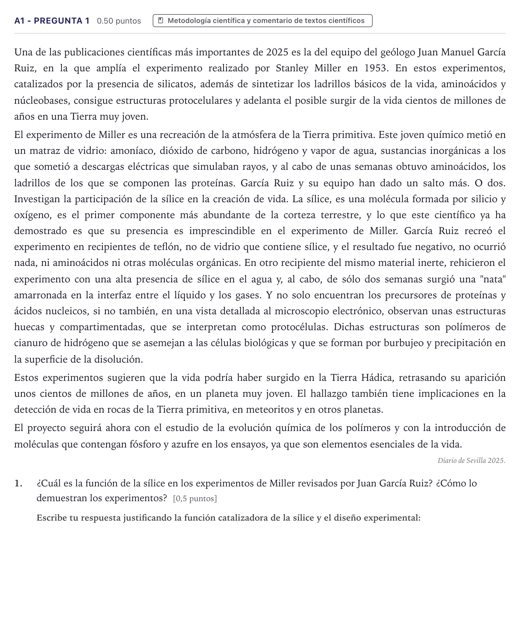 Enunciado: Ejercicio A1 - Pregunta 1 · Ciencias Generales PAU Canarias Junio (Ciencias) 2025