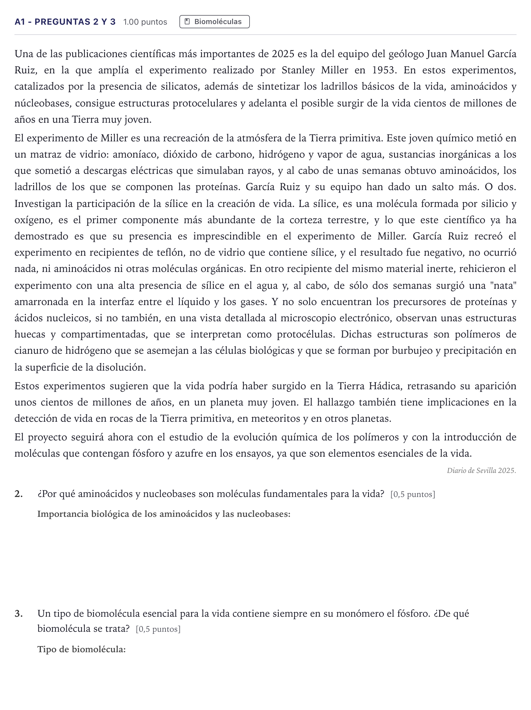 Enunciado: Ejercicio A1 - Preguntas 2 y 3 · Ciencias Generales PAU Canarias Junio (Ciencias) 2025