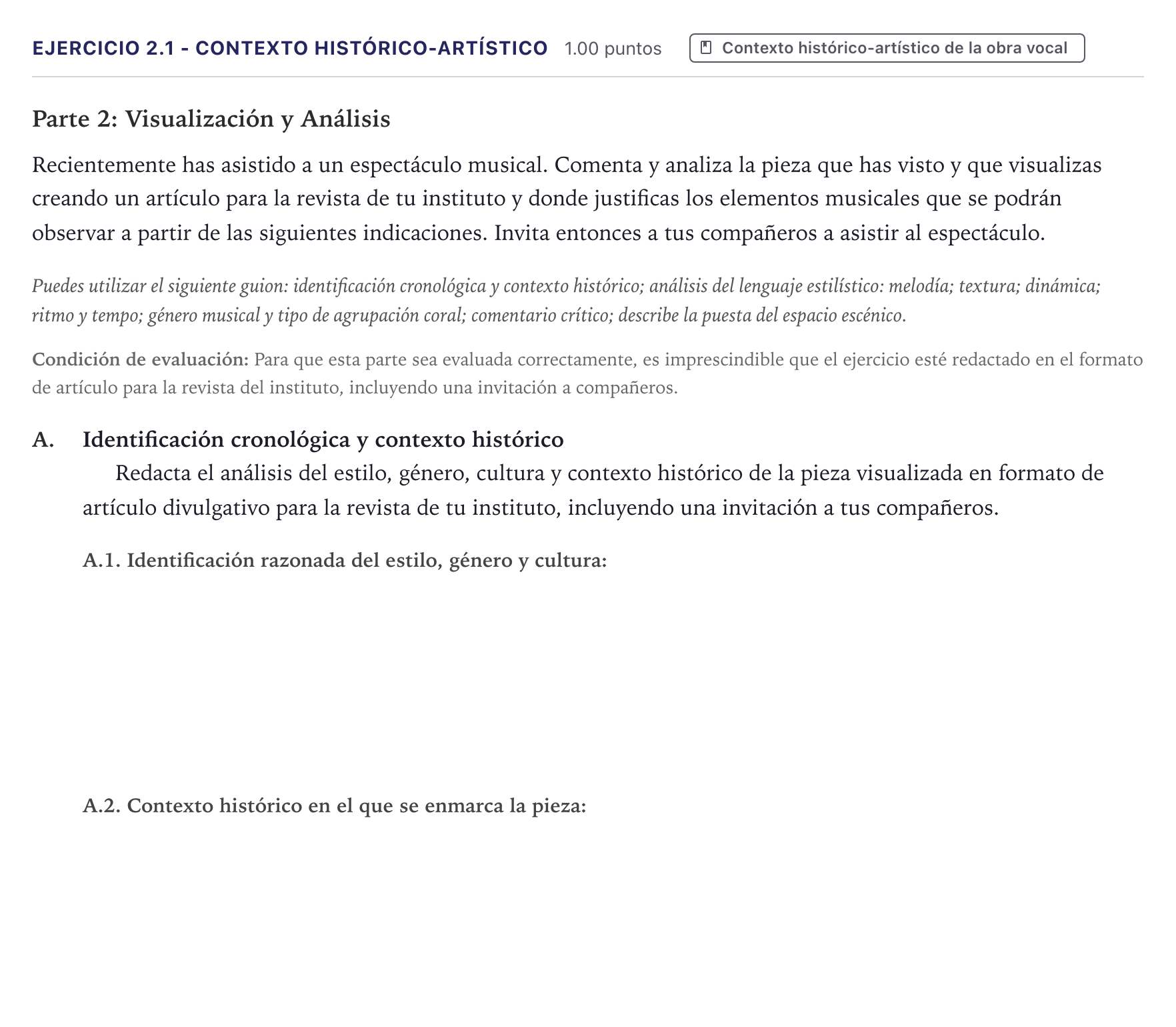 Enunciado: Ejercicio 2.1 - Contexto histórico-artístico · Coro y Técnica Vocal II PAU Canarias Junio 2025