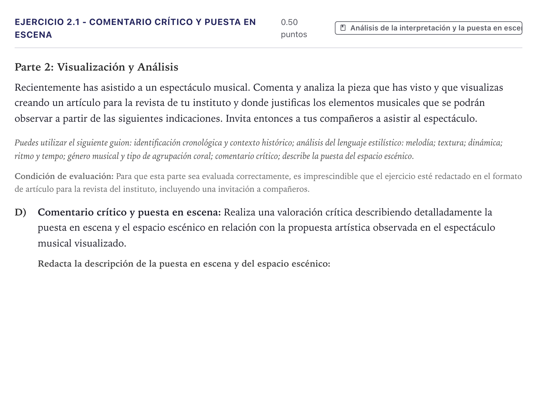 Enunciado: Ejercicio 2.1 - Comentario crítico y puesta en escena · Coro y Técnica Vocal II PAU Canarias Junio 2025