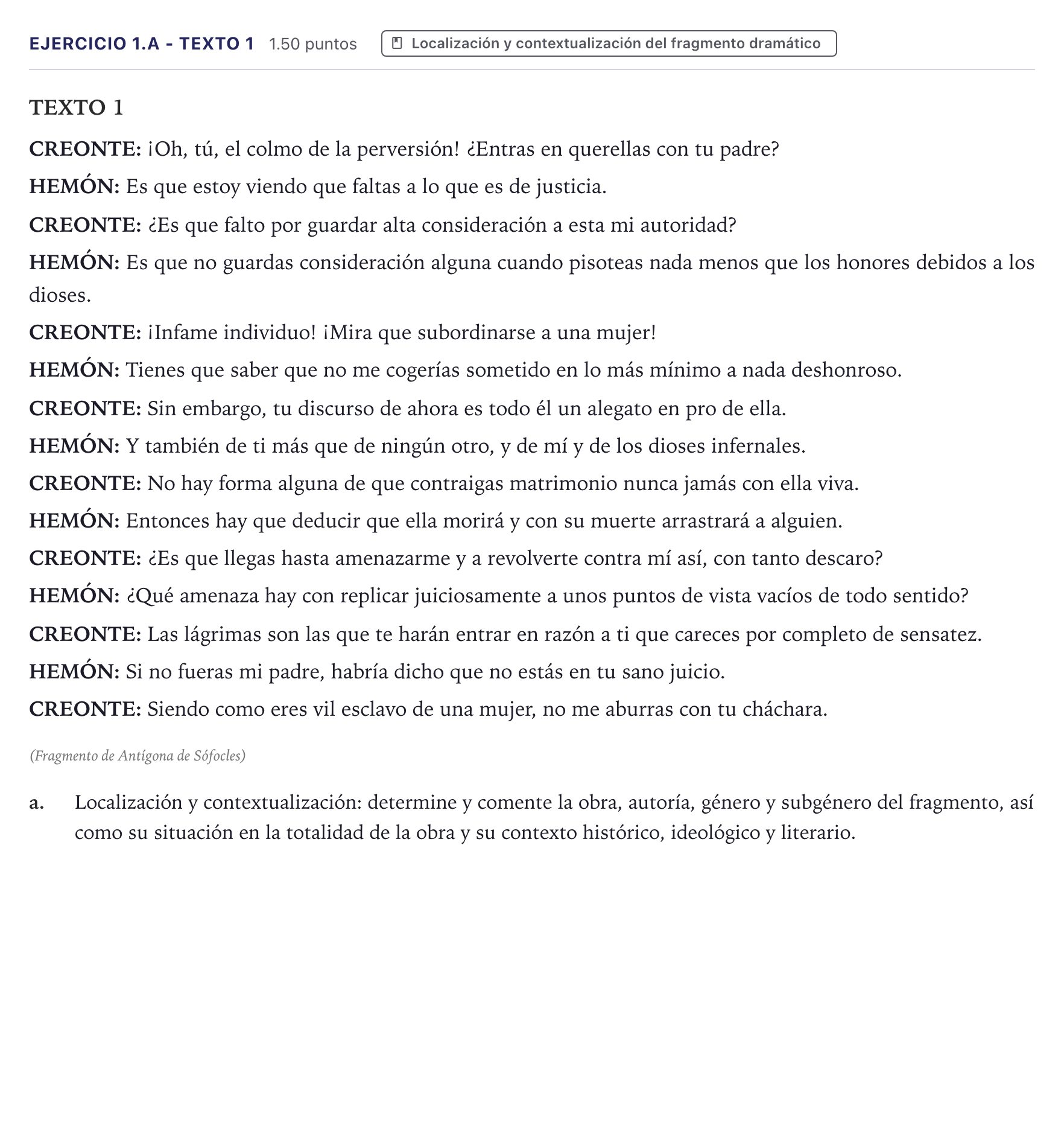Enunciado: Ejercicio 1.a - Texto 1 · Literatura Dramática PAU Canarias Junio 2025