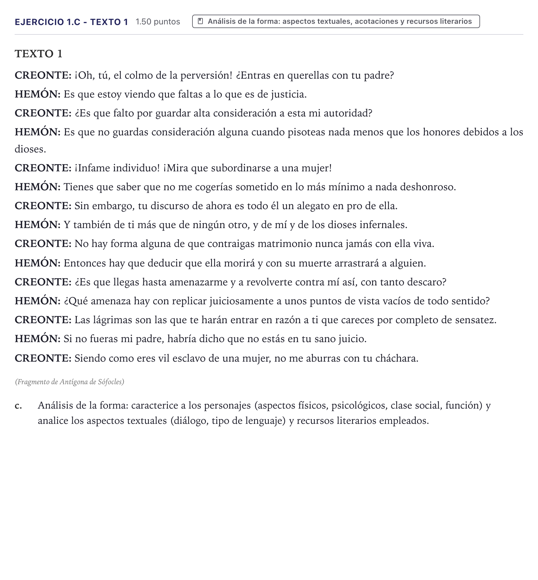 Enunciado: Ejercicio 1.c - Texto 1 · Literatura Dramática PAU Canarias Junio 2025