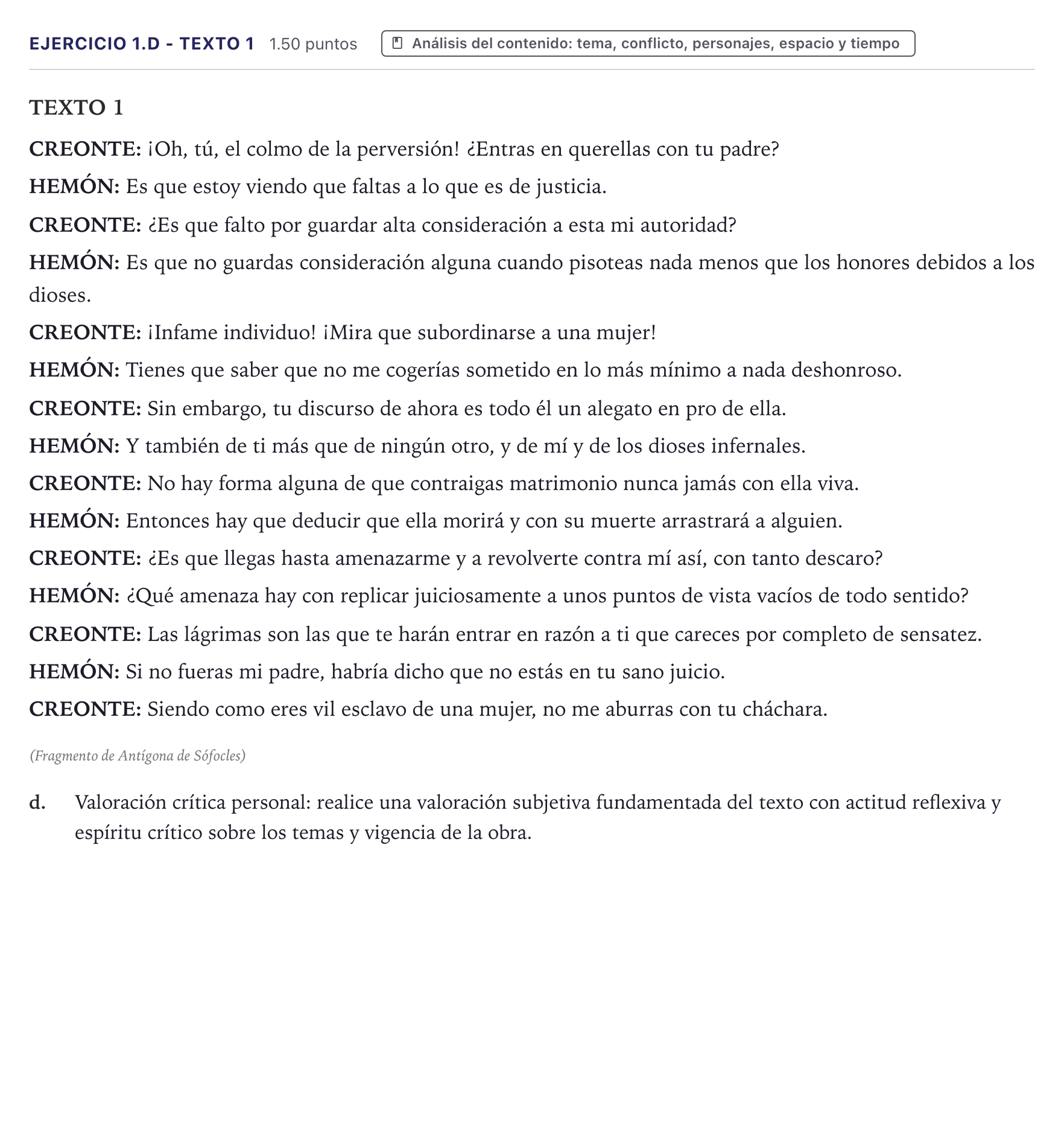 Enunciado: Ejercicio 1.d - Texto 1 · Literatura Dramática PAU Canarias Junio 2025