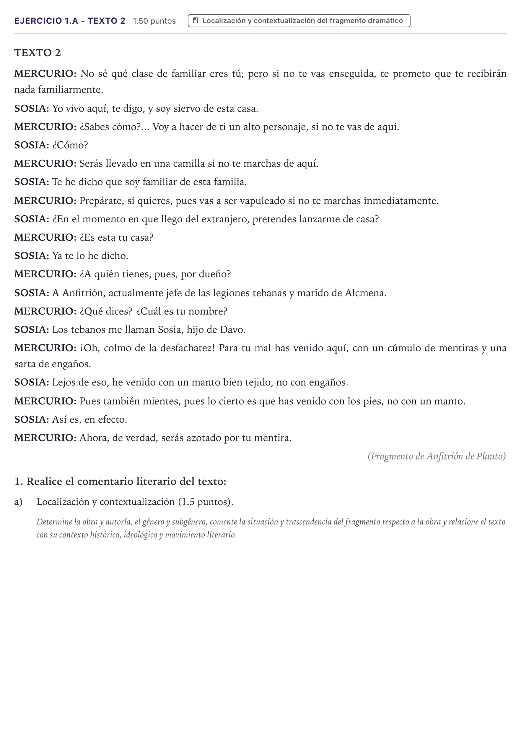 Enunciado: Ejercicio 1.a - Texto 2 · Literatura Dramática PAU Canarias Junio 2025