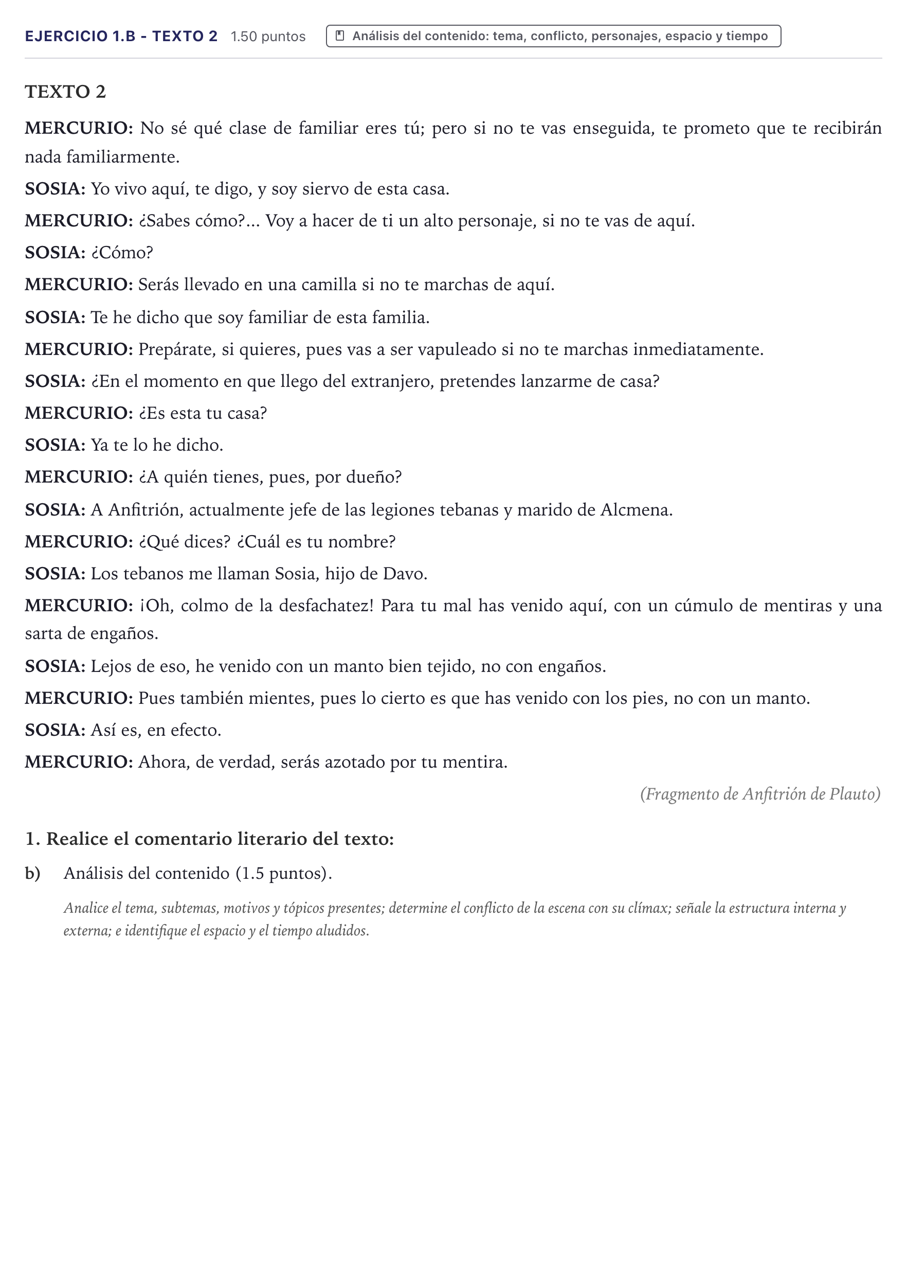 Enunciado: Ejercicio 1.b - Texto 2 · Literatura Dramática PAU Canarias Junio 2025