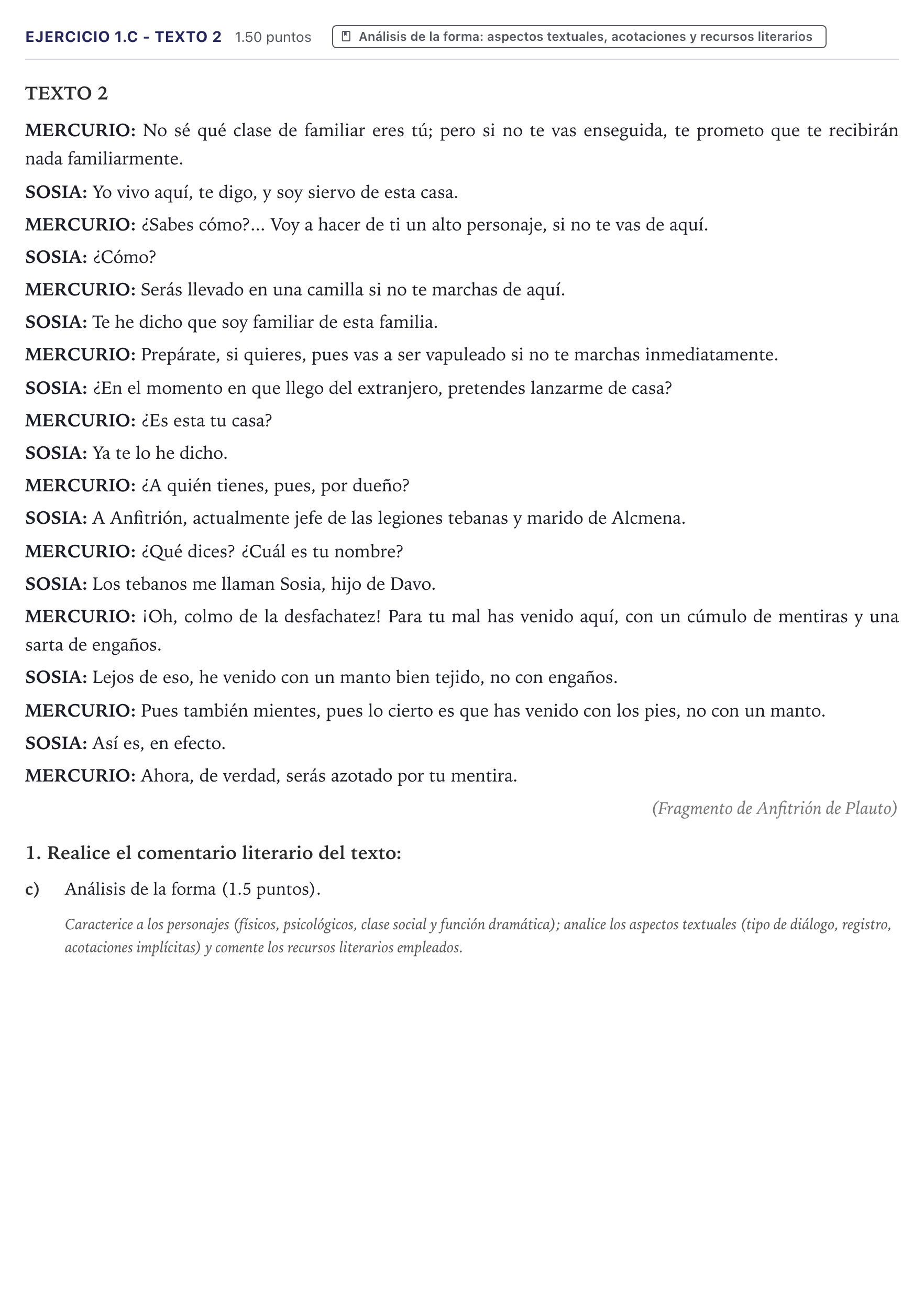 Enunciado: Ejercicio 1.c - Texto 2 · Literatura Dramática PAU Canarias Junio 2025