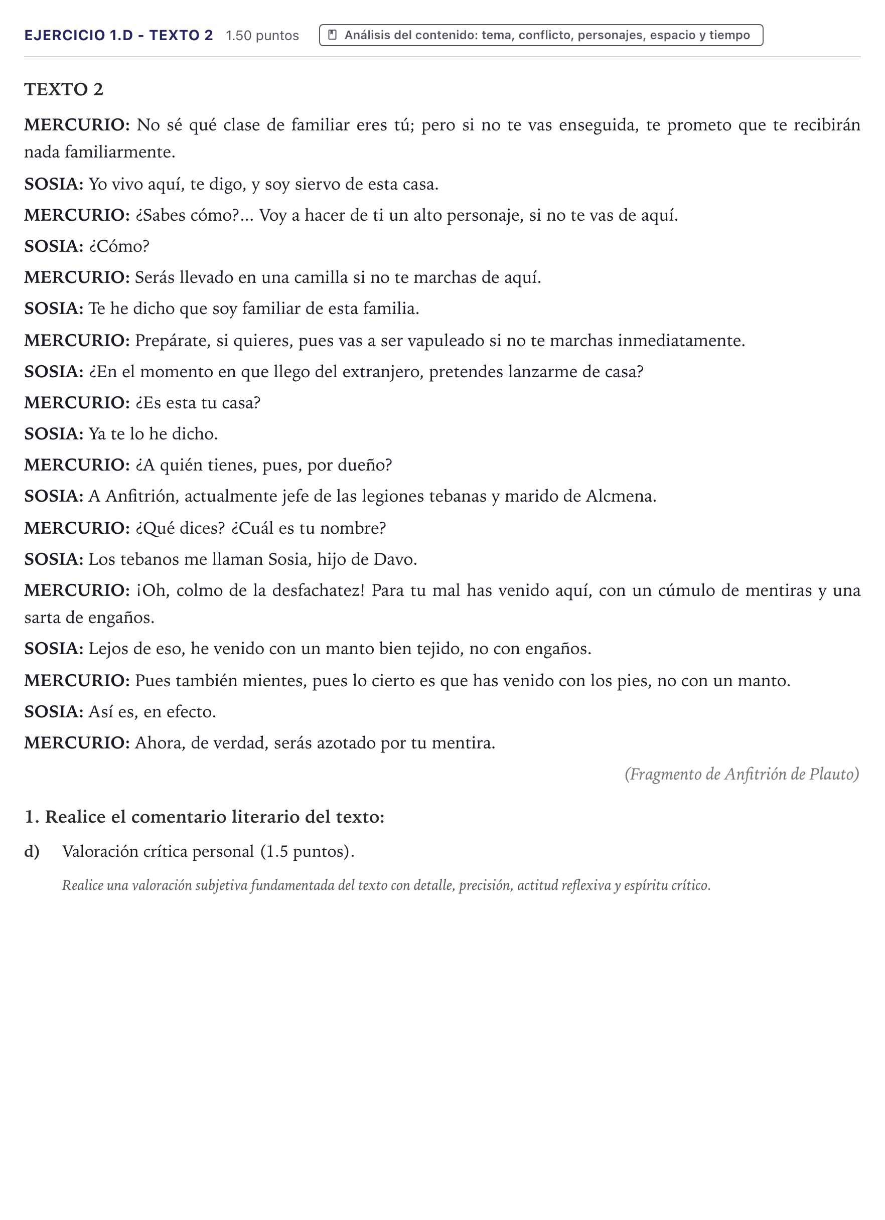 Enunciado: Ejercicio 1.d - Texto 2 · Literatura Dramática PAU Canarias Junio 2025