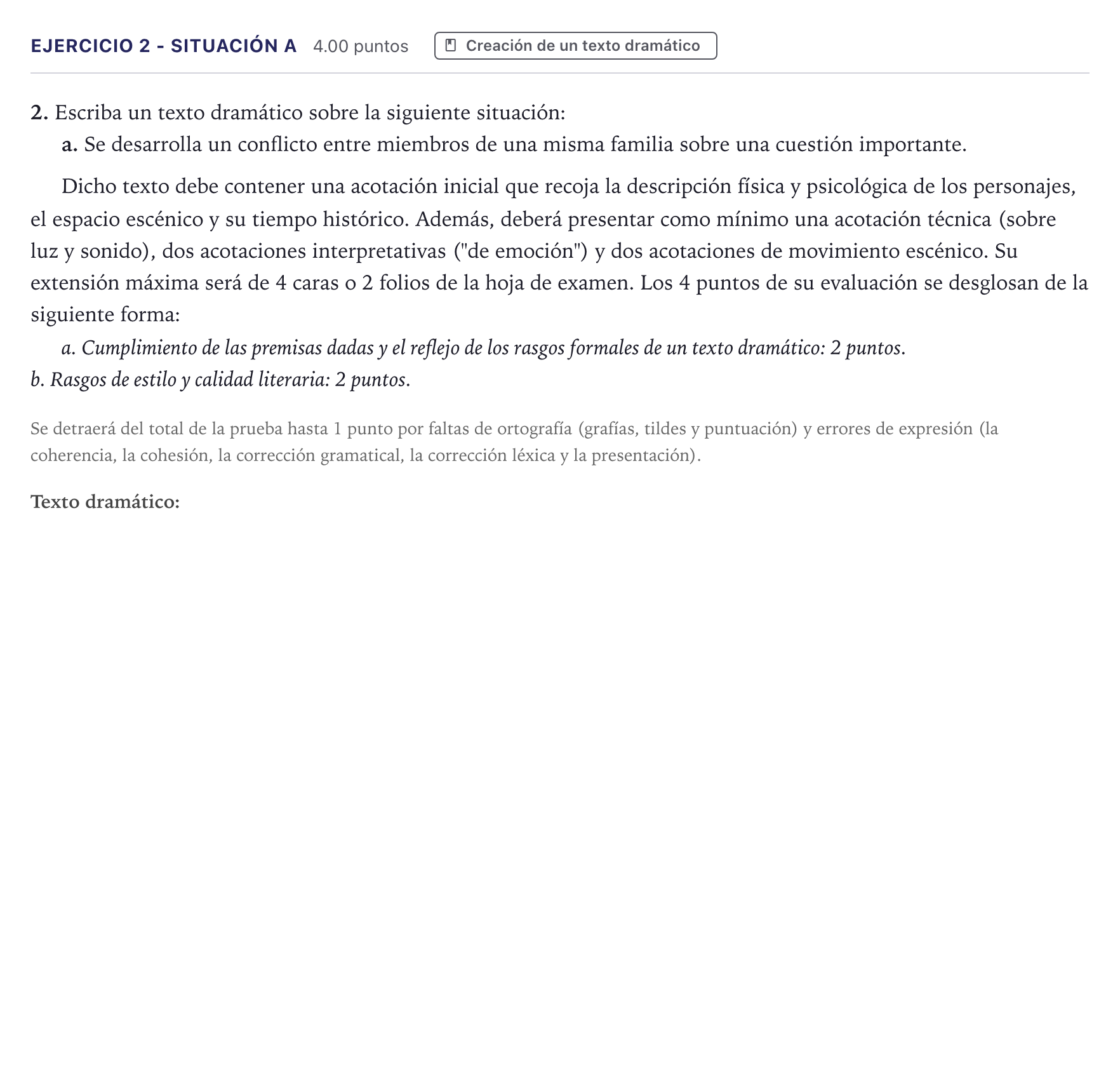 Enunciado: Ejercicio 2 - Situación a · Literatura Dramática PAU Canarias Junio 2025