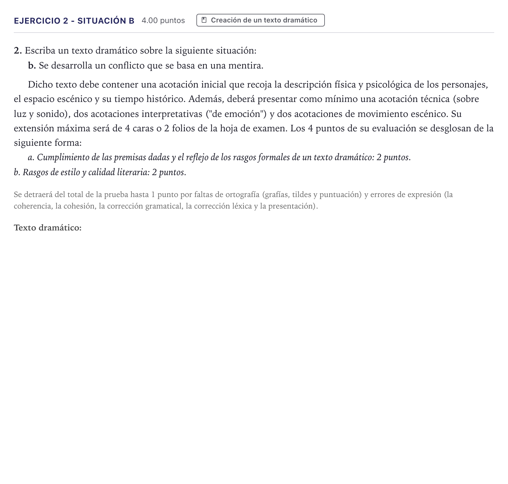 Enunciado: Ejercicio 2 - Situación b · Literatura Dramática PAU Canarias Junio 2025