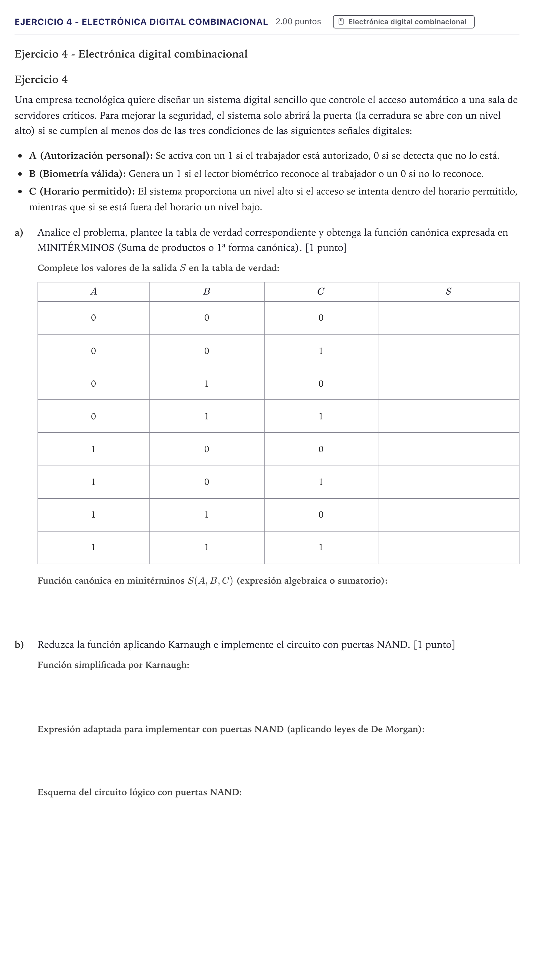 Enunciado: Ejercicio 4 - Electrónica digital combinacional · Tecnología e Ingeniería II PAU Canarias Junio 2025