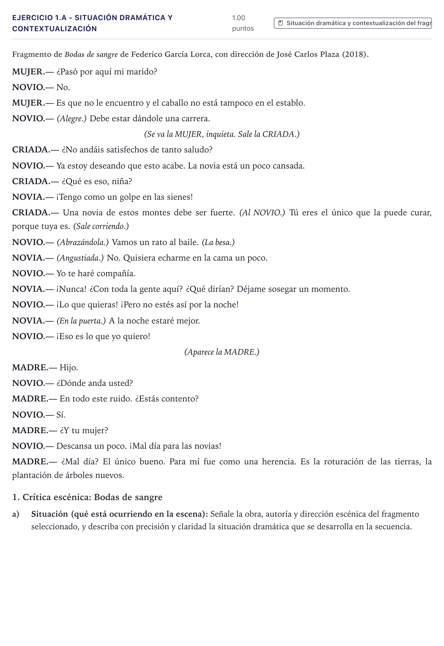 Enunciado: Ejercicio 1.a - Situación dramática y contextualización · Artes Escénicas PAU Canarias Julio 2025