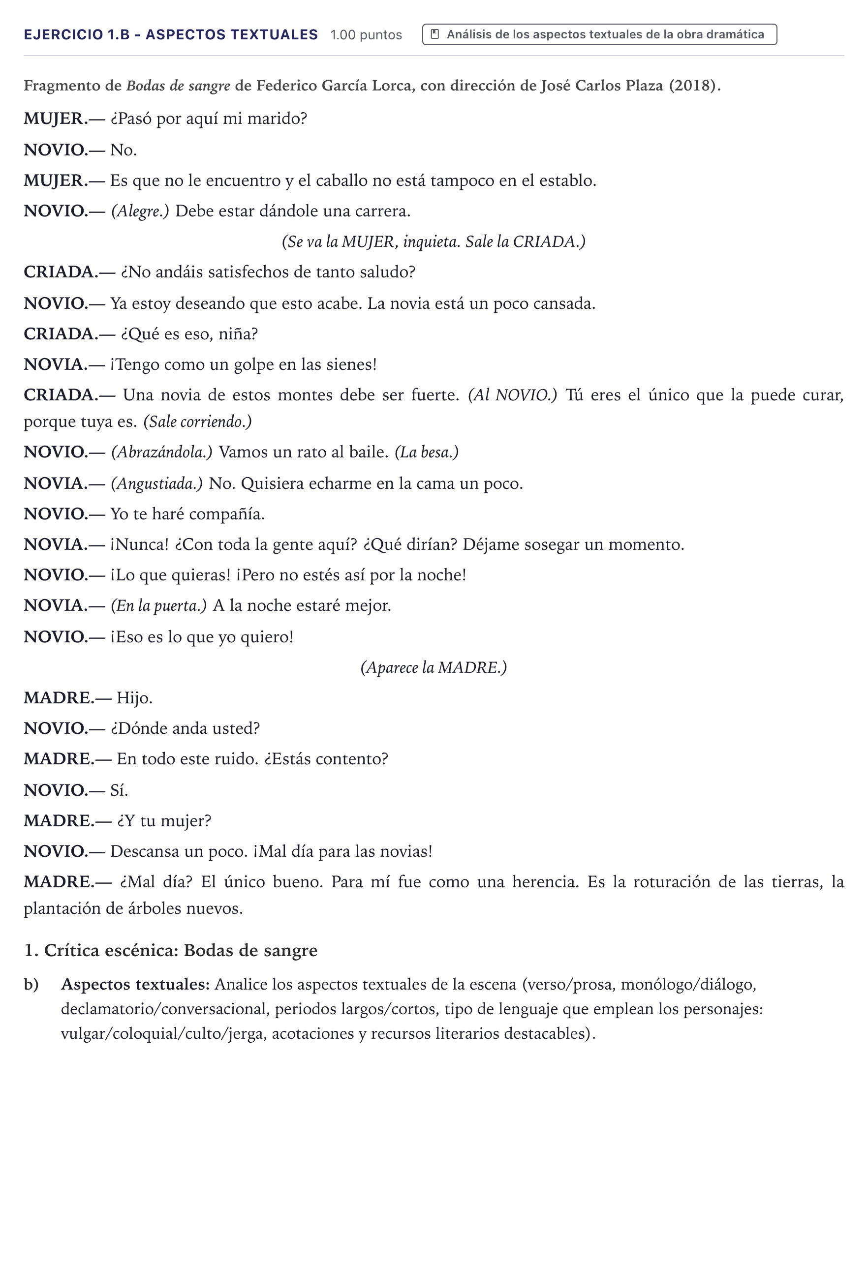 Enunciado: Ejercicio 1.b - Aspectos textuales · Artes Escénicas PAU Canarias Julio 2025