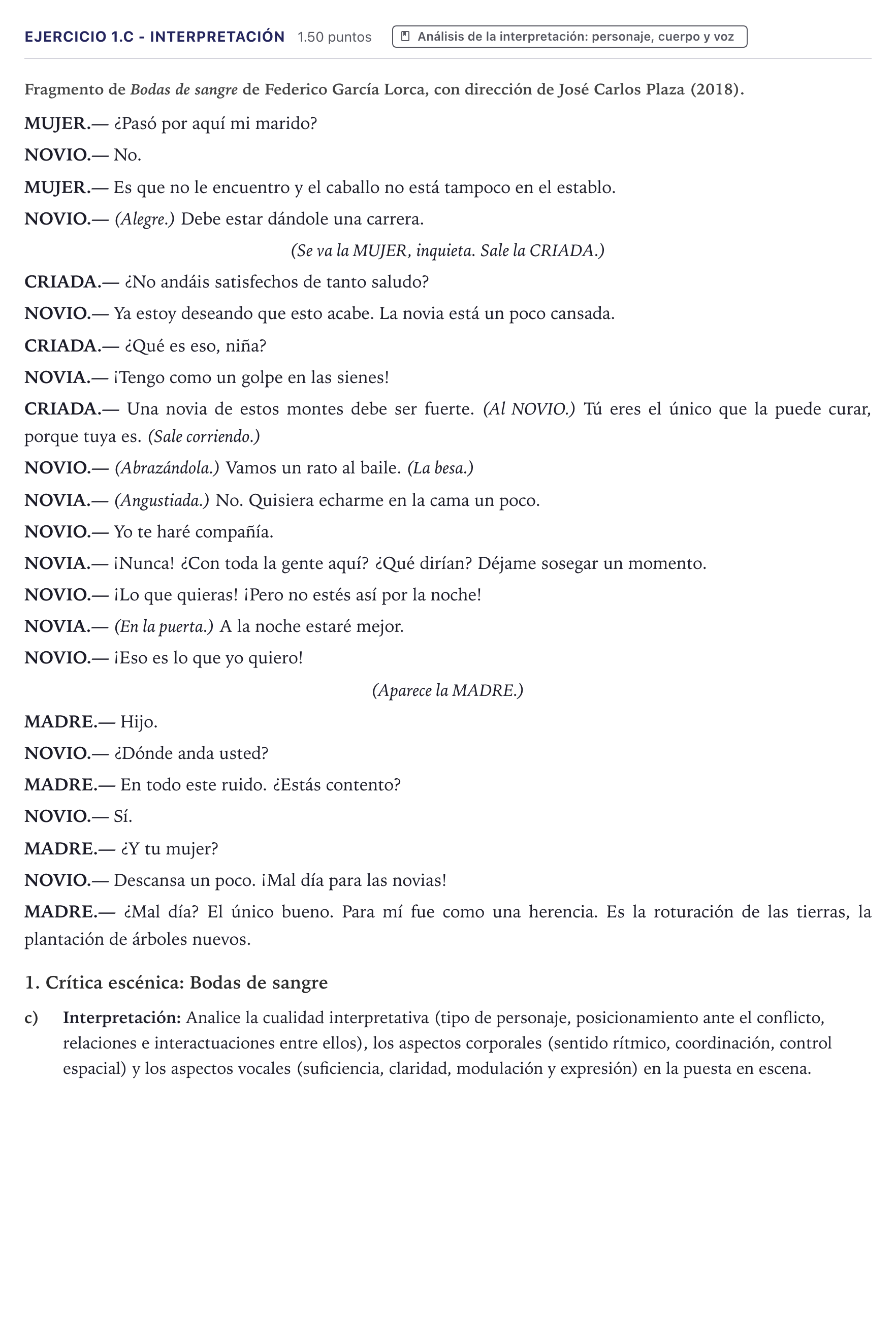 Enunciado: Ejercicio 1.c - Interpretación · Artes Escénicas PAU Canarias Julio 2025