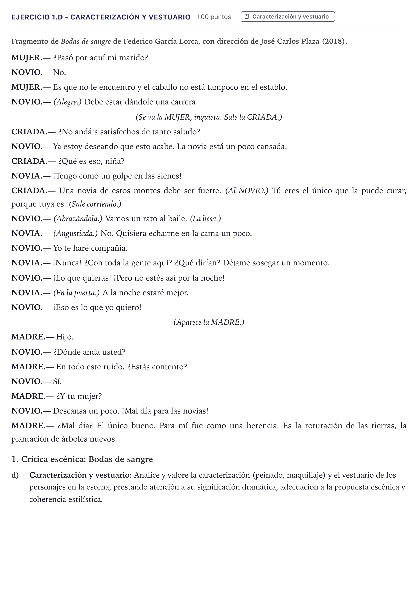 Enunciado: Ejercicio 1.d - Caracterización y vestuario · Artes Escénicas PAU Canarias Julio 2025