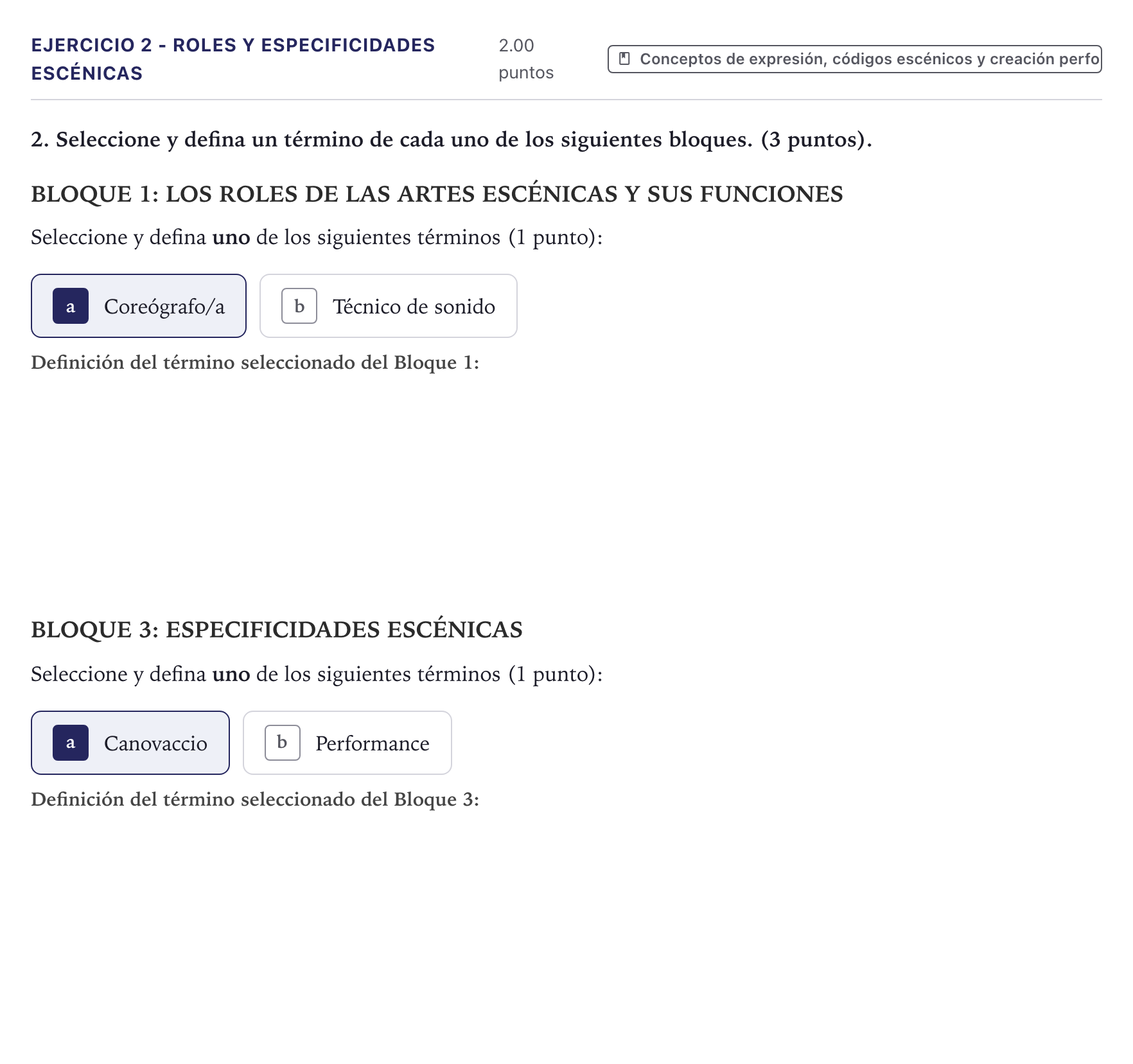 Enunciado: Ejercicio 2 - Roles y especificidades escénicas · Artes Escénicas PAU Canarias Julio 2025