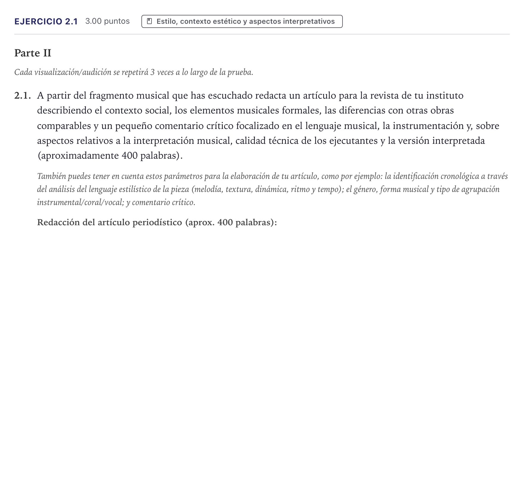 Enunciado: Ejercicio 2.1 · Análisis Musical II PAU Canarias Julio 2025