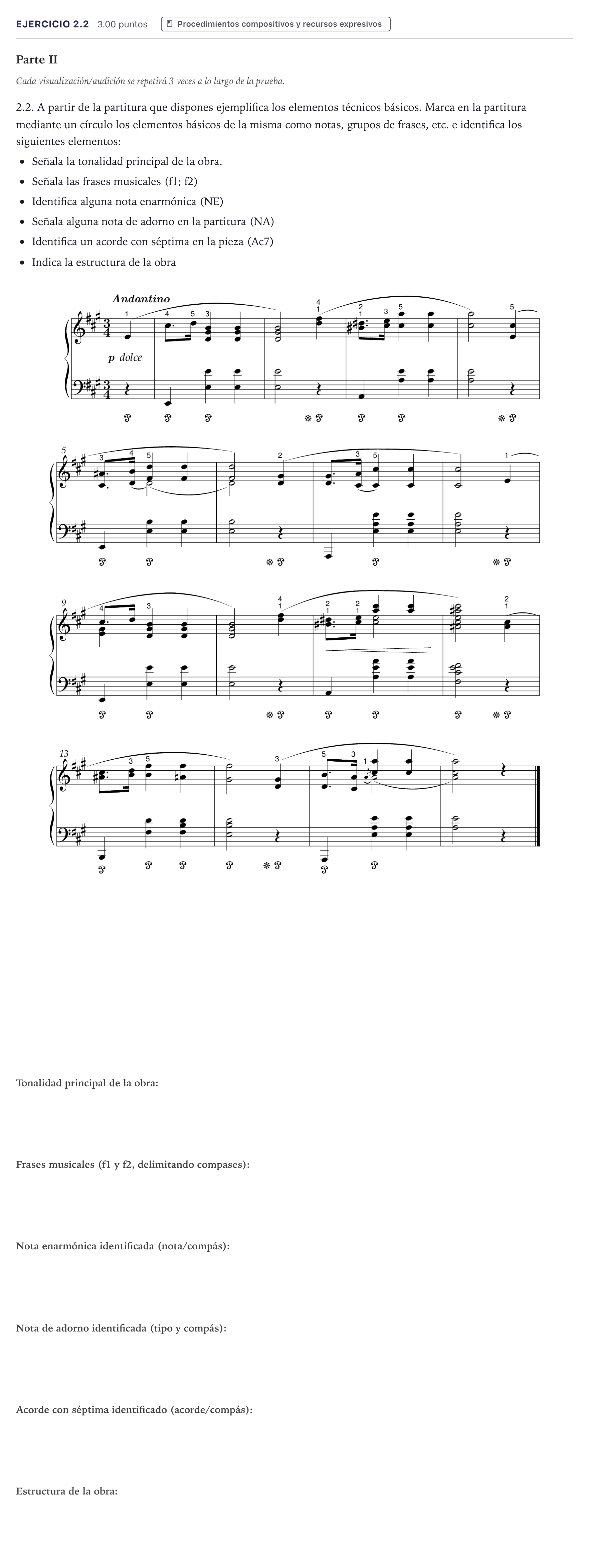 Enunciado: Ejercicio 2.2 · Análisis Musical II PAU Canarias Julio 2025