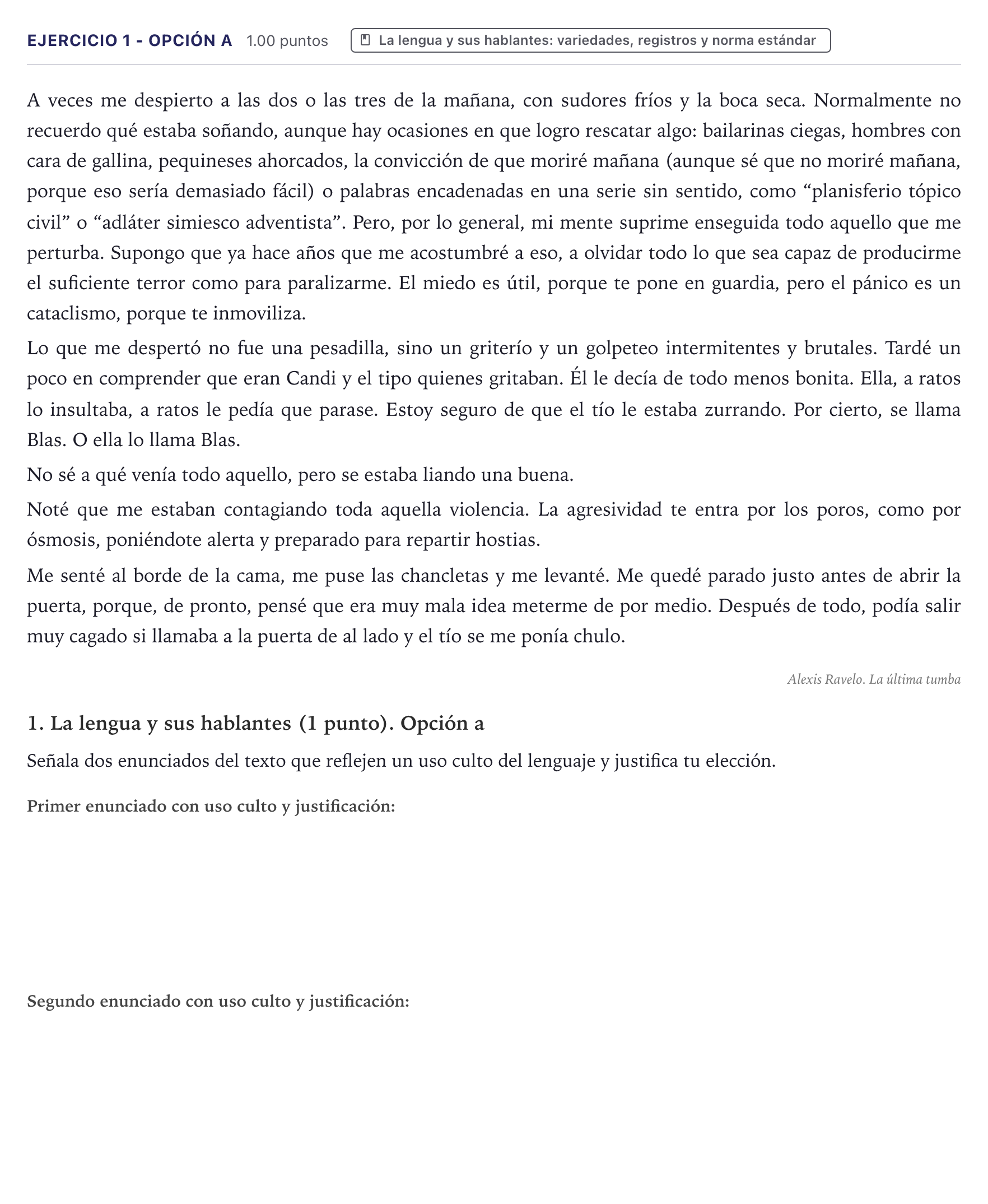 Enunciado: Ejercicio 1 - Opción a · Lengua Castellana y Literatura II PAU Canarias Julio 2025