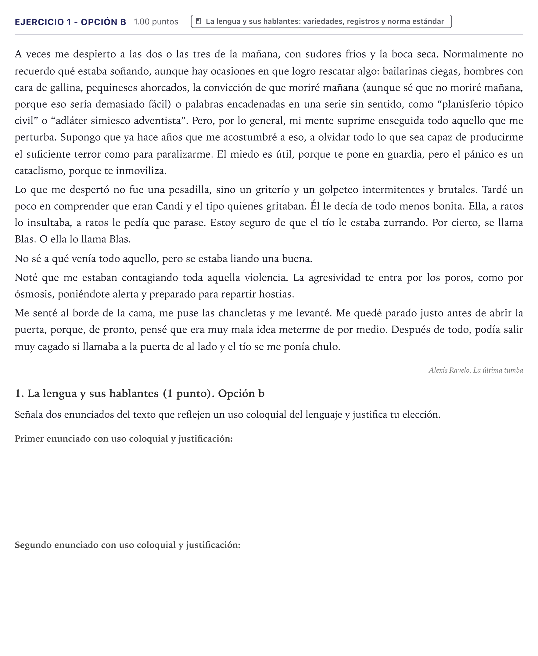 Enunciado: Ejercicio 1 - Opción b · Lengua Castellana y Literatura II PAU Canarias Julio 2025