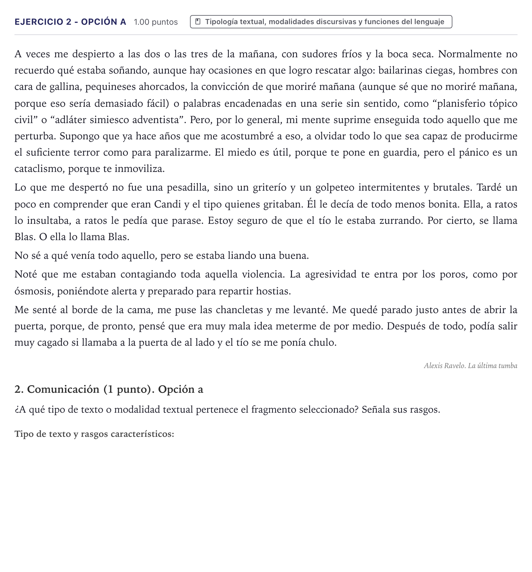 Enunciado: Ejercicio 2 - Opción a · Lengua Castellana y Literatura II PAU Canarias Julio 2025