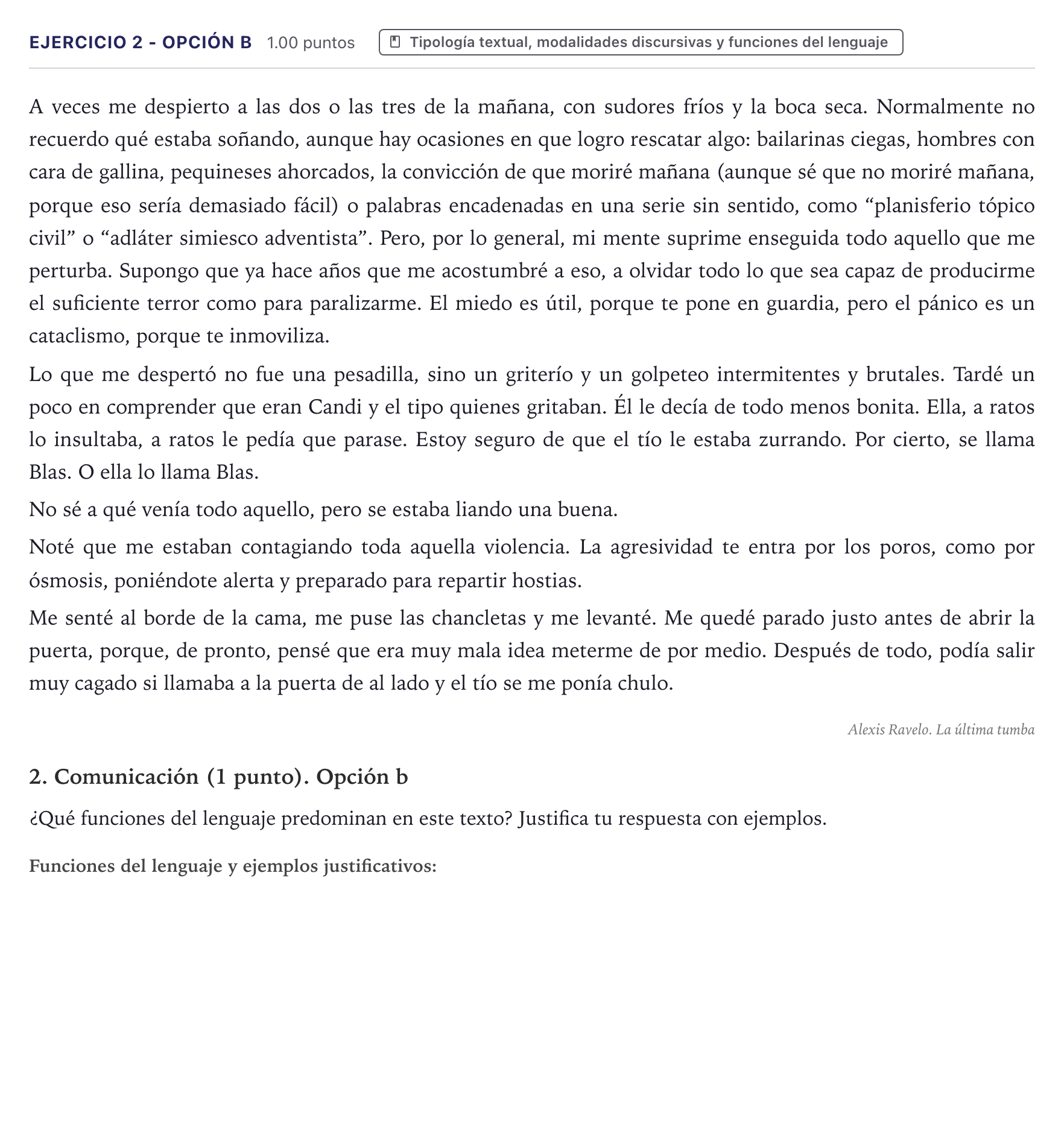 Enunciado: Ejercicio 2 - Opción b · Lengua Castellana y Literatura II PAU Canarias Julio 2025