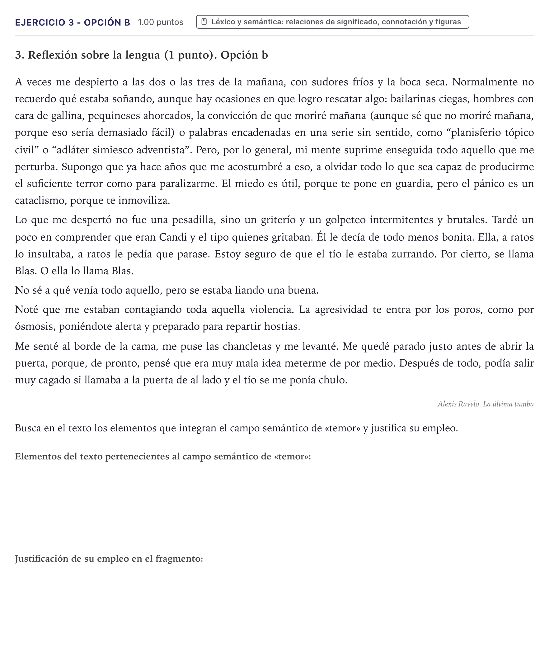 Enunciado: Ejercicio 3 - Opción b · Lengua Castellana y Literatura II PAU Canarias Julio 2025