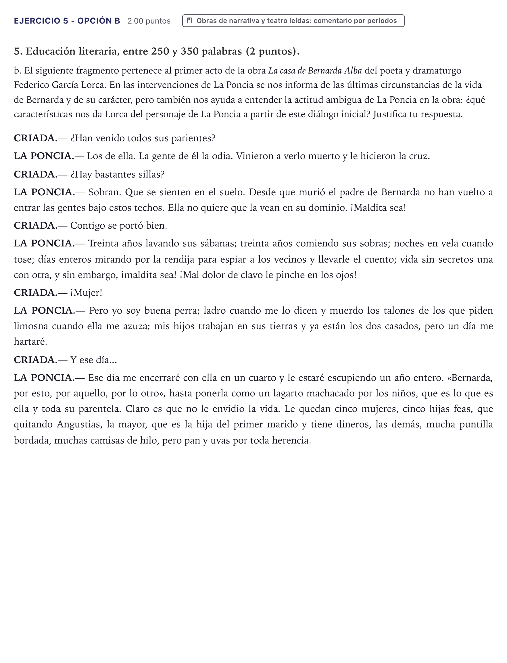 Enunciado: Ejercicio 5 - Opción b · Lengua Castellana y Literatura II PAU Canarias Julio 2025