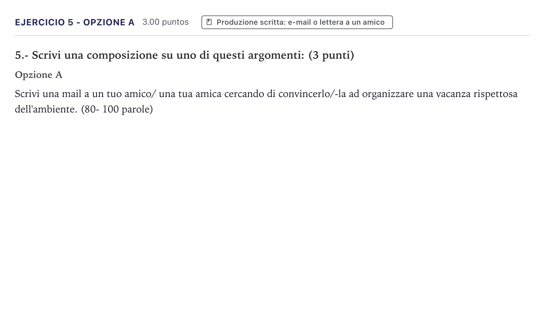 Enunciado: Ejercicio 5 - Opzione A · Italiano PAU Canarias Julio 2025