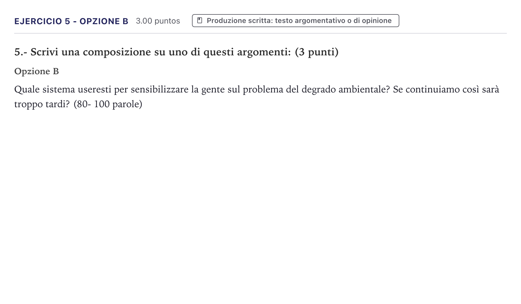 Enunciado: Ejercicio 5 - Opzione B · Italiano PAU Canarias Julio 2025