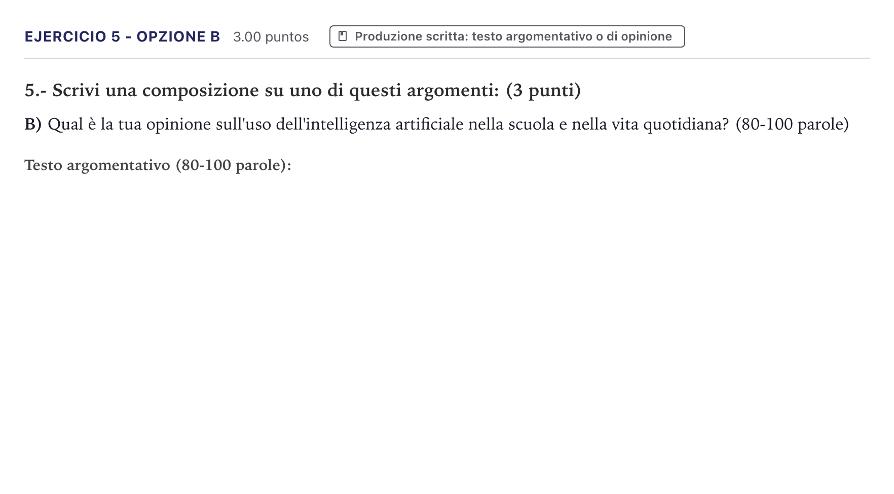 Enunciado: Ejercicio 5 - Opzione B · Italiano PAU Canarias Julio (Reserva) 2025