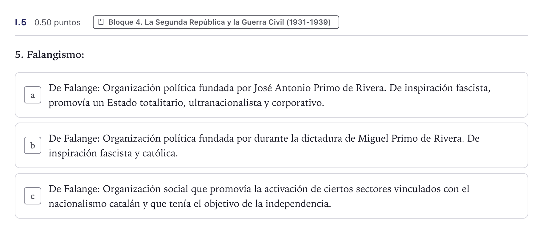Enunciado: Ejercicio I.5 · Historia de España PAU Canarias Julio 2025