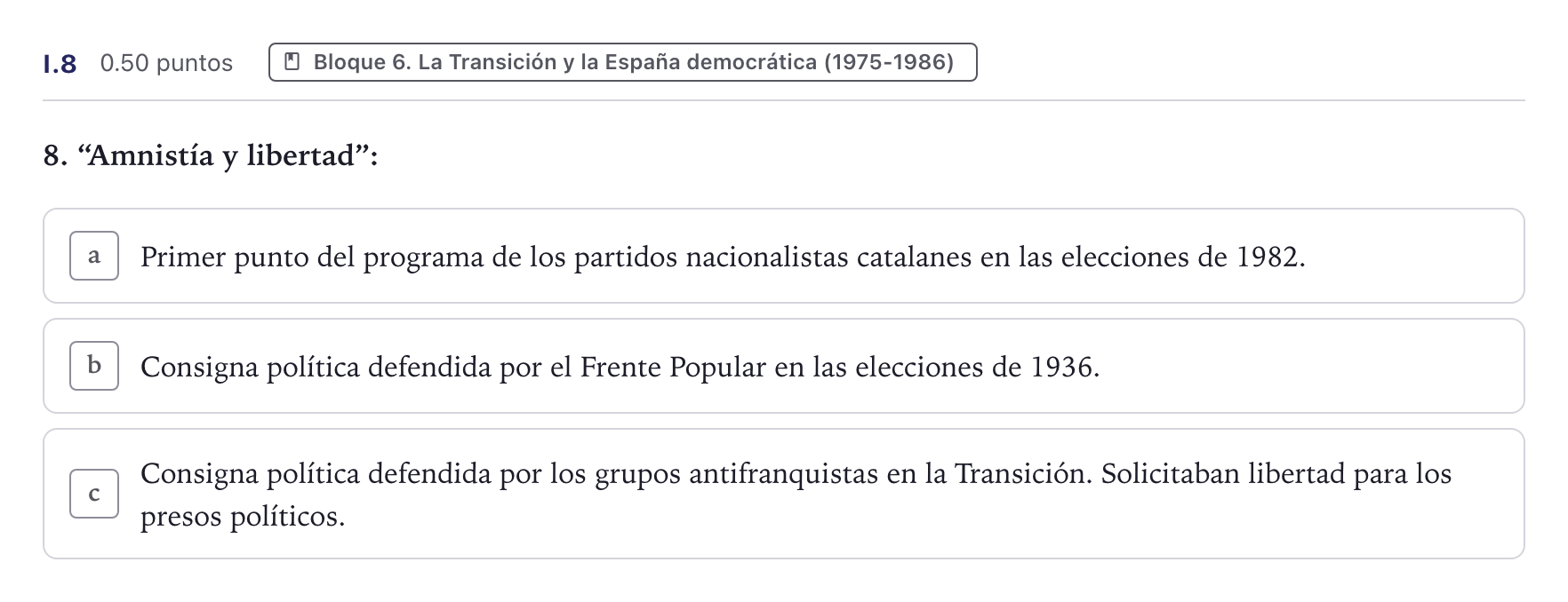 Enunciado: Ejercicio I.8 · Historia de España PAU Canarias Julio 2025