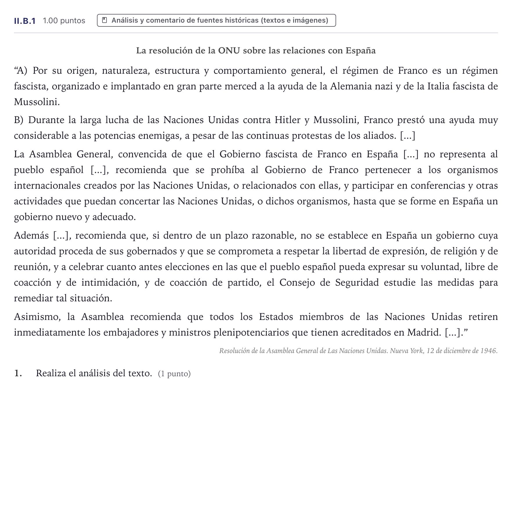 Enunciado: Ejercicio II.B.1 · Historia de España PAU Canarias Julio 2025