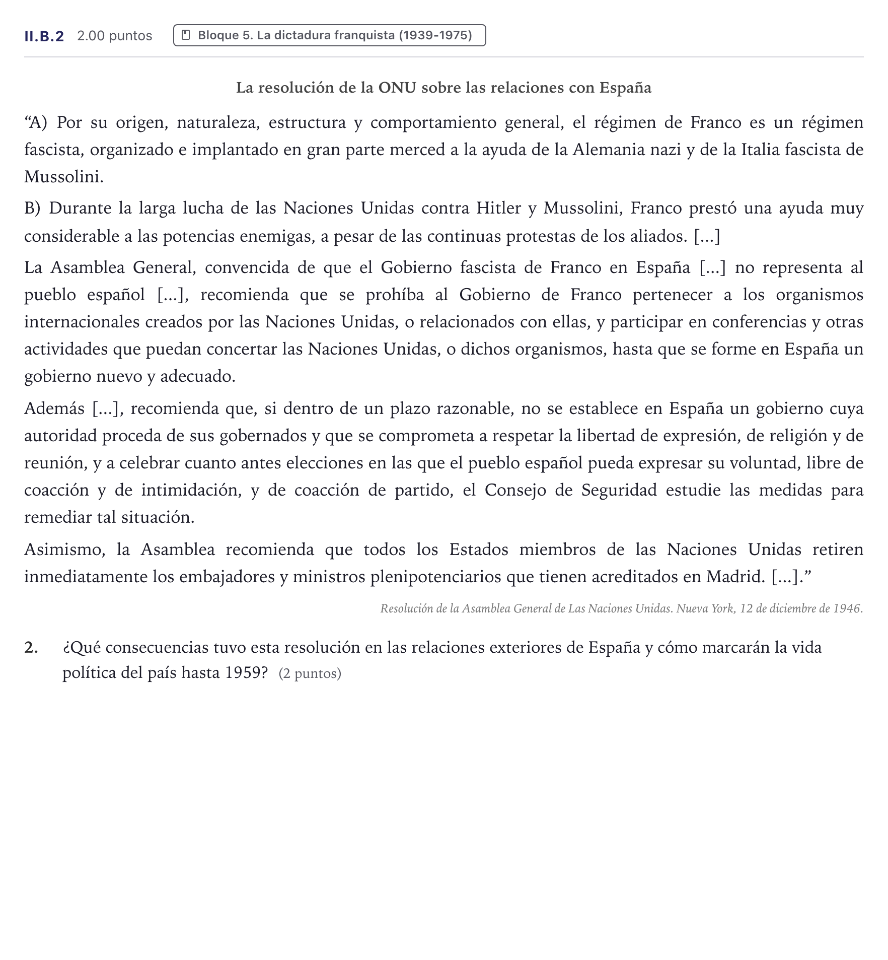 Enunciado: Ejercicio II.B.2 · Historia de España PAU Canarias Julio 2025
