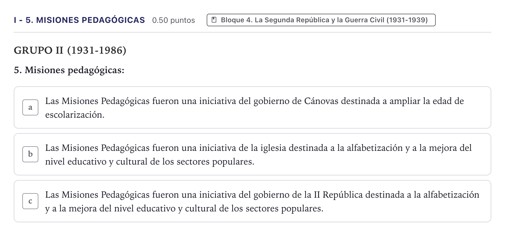 Enunciado: Ejercicio I - 5. Misiones pedagógicas · Historia de España PAU Canarias Julio (Reserva) 2025