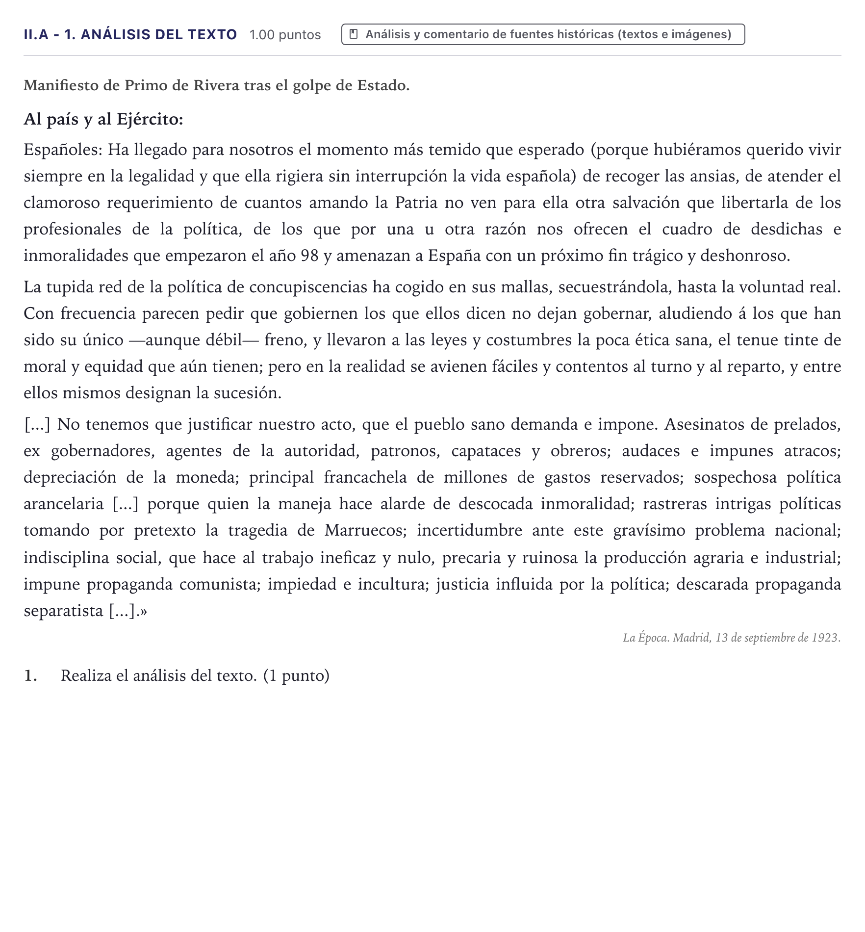 Enunciado: Ejercicio II.A - 1. Análisis del texto · Historia de España PAU Canarias Julio (Reserva) 2025