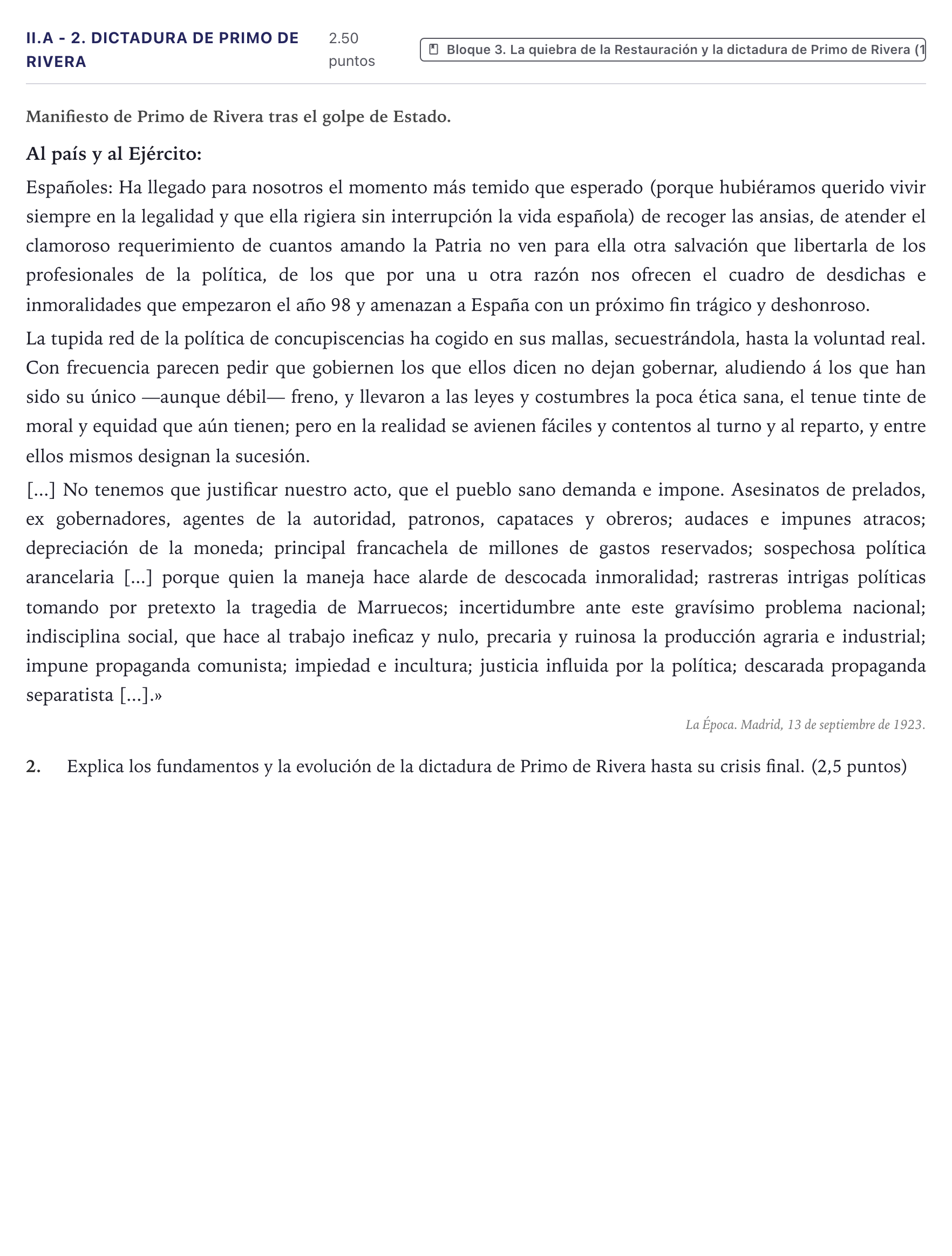 Enunciado: Ejercicio II.A - 2. Dictadura de Primo de Rivera · Historia de España PAU Canarias Julio (Reserva) 2025