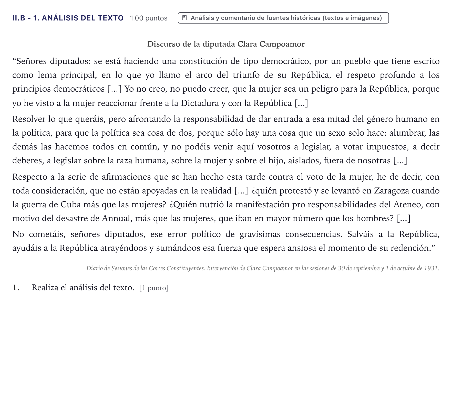 Enunciado: Ejercicio II.B - 1. Análisis del texto · Historia de España PAU Canarias Julio (Reserva) 2025
