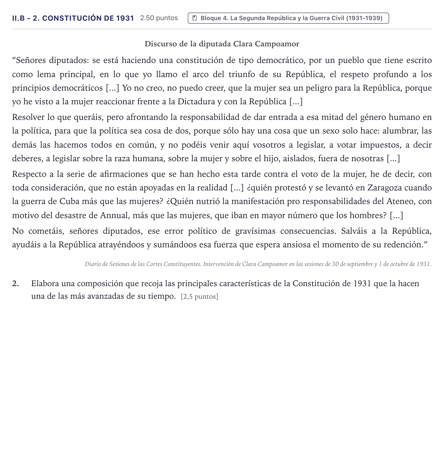 Enunciado: Ejercicio II.B - 2. Constitución de 1931 · Historia de España PAU Canarias Julio (Reserva) 2025